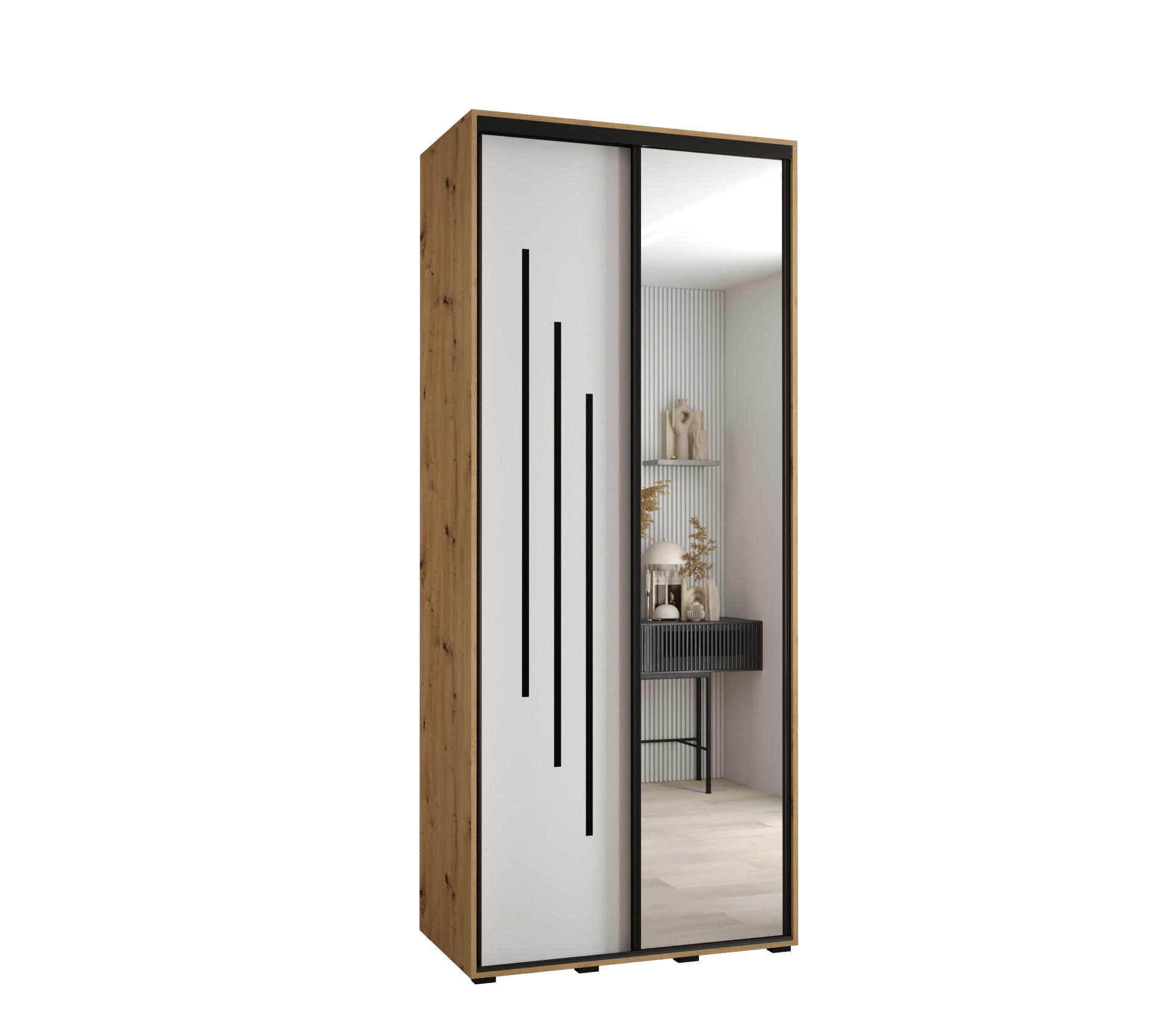 Abiks Möbel Schwebetürenschrank Eiche Artisan, Weiß, Schwarz 100x235x60 cm