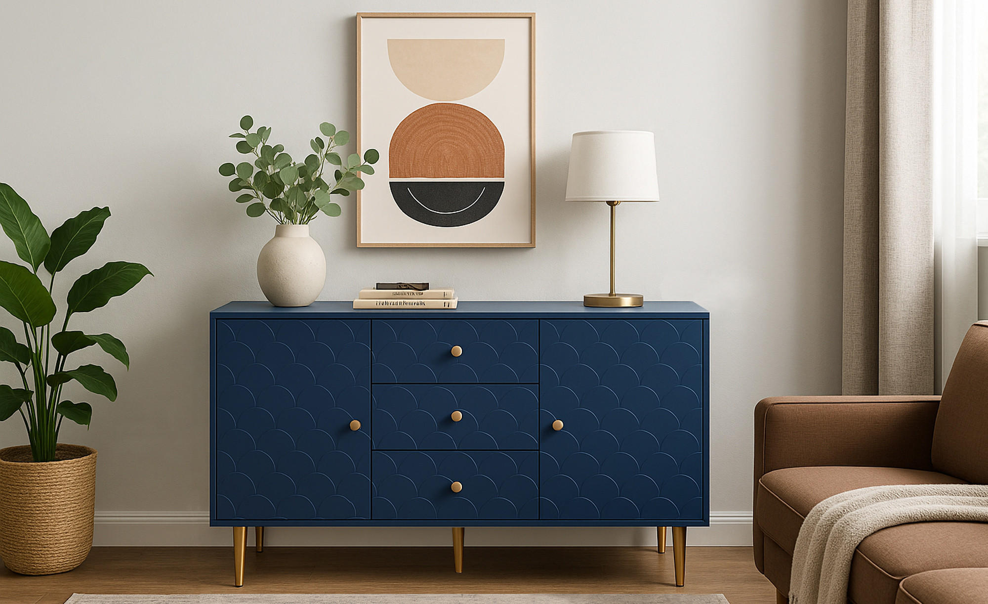 SIDEBOARD 2 Türen und 3 Schubladen, Verstellbare Ablage Blau 120/40/82CM - Blau, Holzwerkstoff/Metall (40/82/120cm) - Urban Meuble