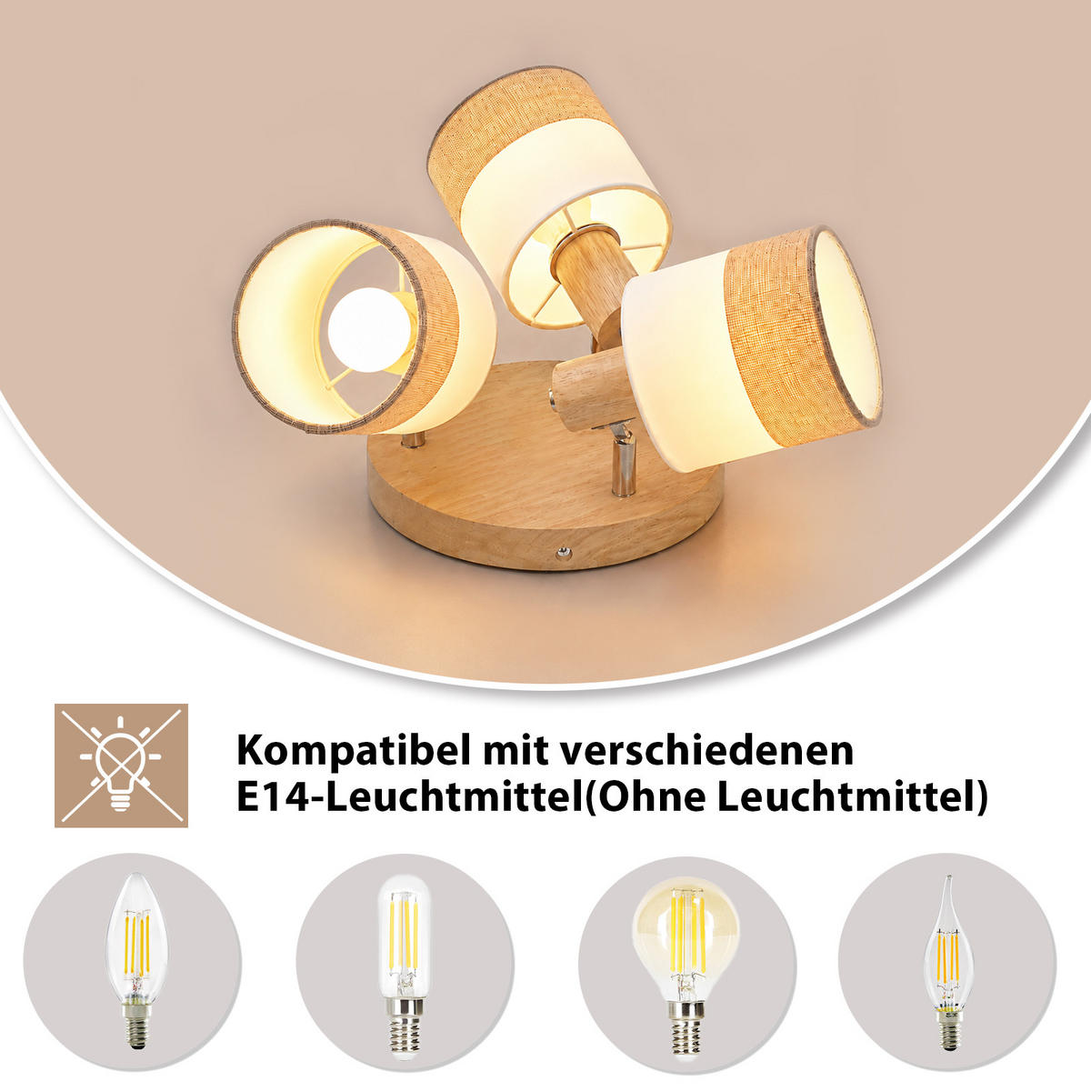 DECKENSTRAHLER Morvric 20/20/21 cm - Braun/Weiß, Holz/Textil (20/20/21cm) - ZMH