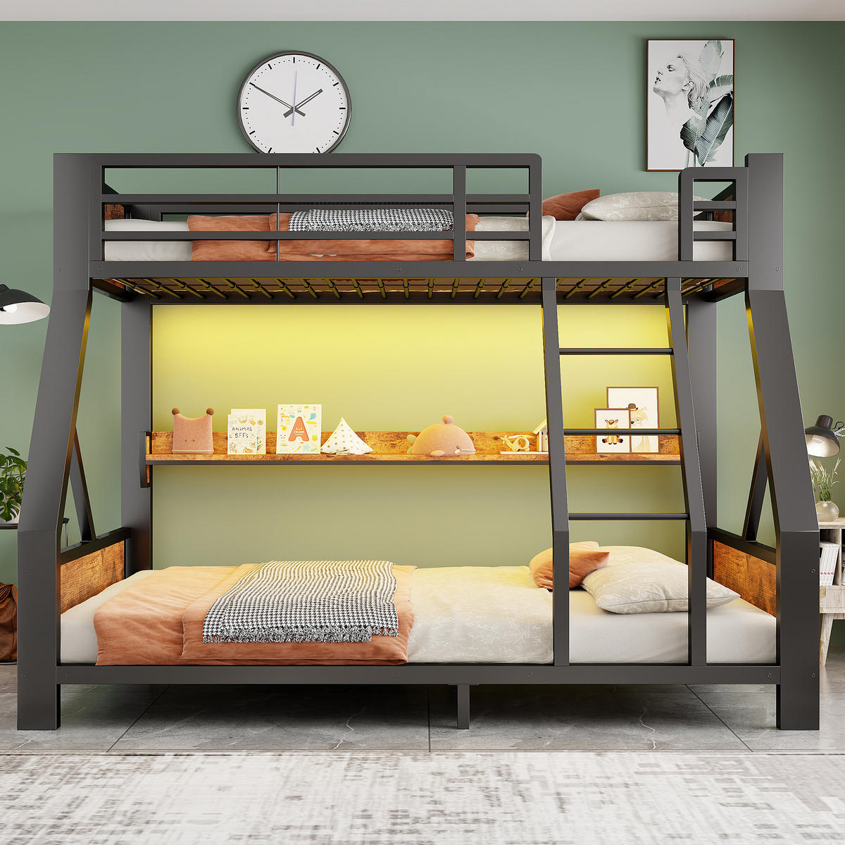 ETAGENBETT 90/140/200 cm mit LED, DE-41604, in Schwarz - Schwarz, Metall (140/200cm) - ComfortXL
