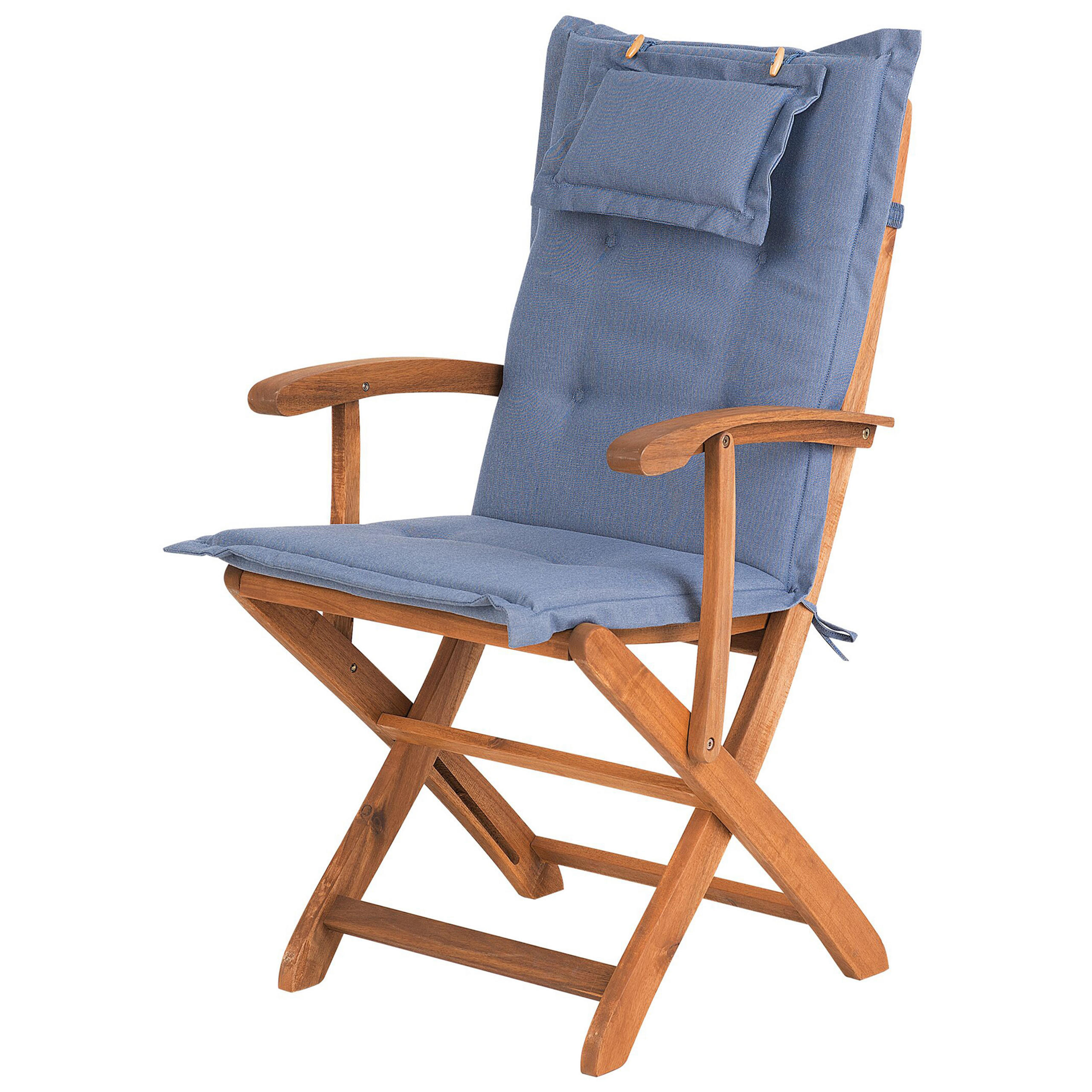 GARTENSTUHL 2er-Set Akazienholz hellbraun Auflagen blau Maui - Hellbraun/Blau, Holz (42/93/48cm) - Beliani