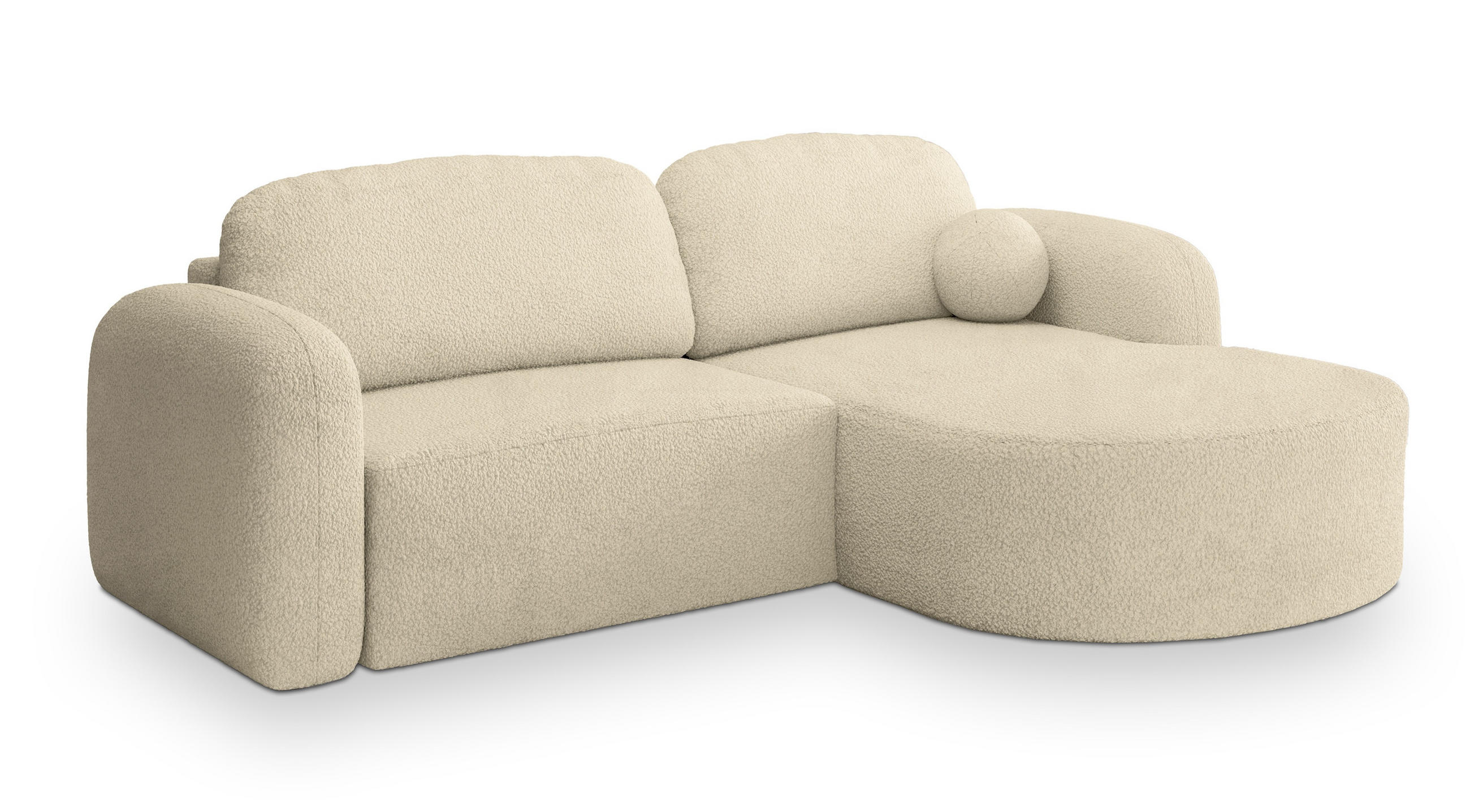 ECKSOFA AMILIA R-S Creme Boucle-Stoff mit Schlaffunktion - Creme, Holz (263/174cm) - MASSENO