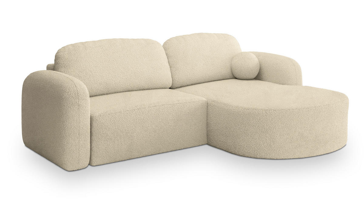 ECKSOFA AMILIA R-S Creme Boucle-Stoff mit Schlaffunktion - Creme, Holz (263/174cm) - MASSENO