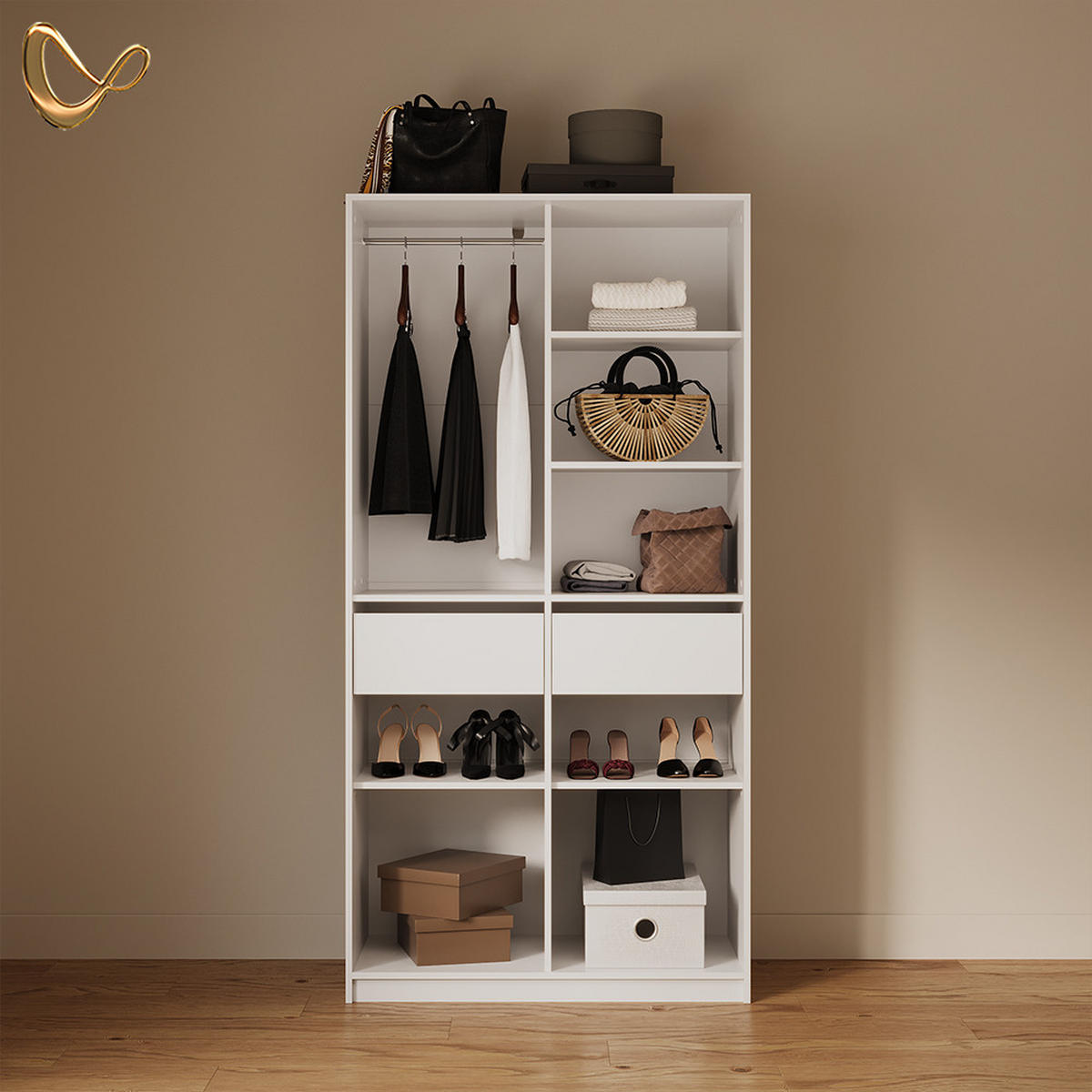 GARDEROBA Trento Bela z 2 predaloma - bela, leseni material (100/200/50cm) - Livinity®