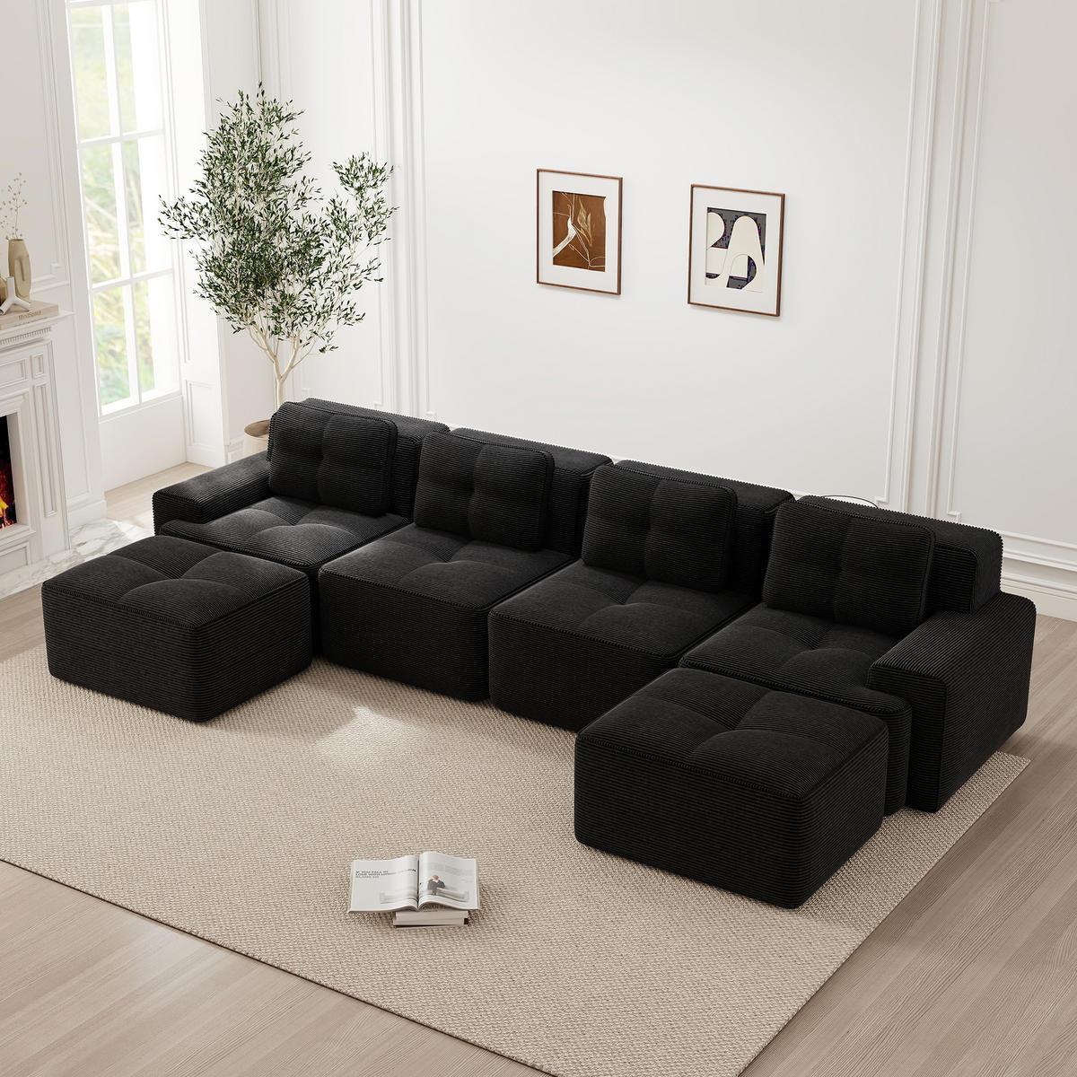 WOHNLANDSCHAFT 4-Sitzer Cord Schwarz rutschfest - Schwarz, Textil (382/69/177cm) - WISHDOR