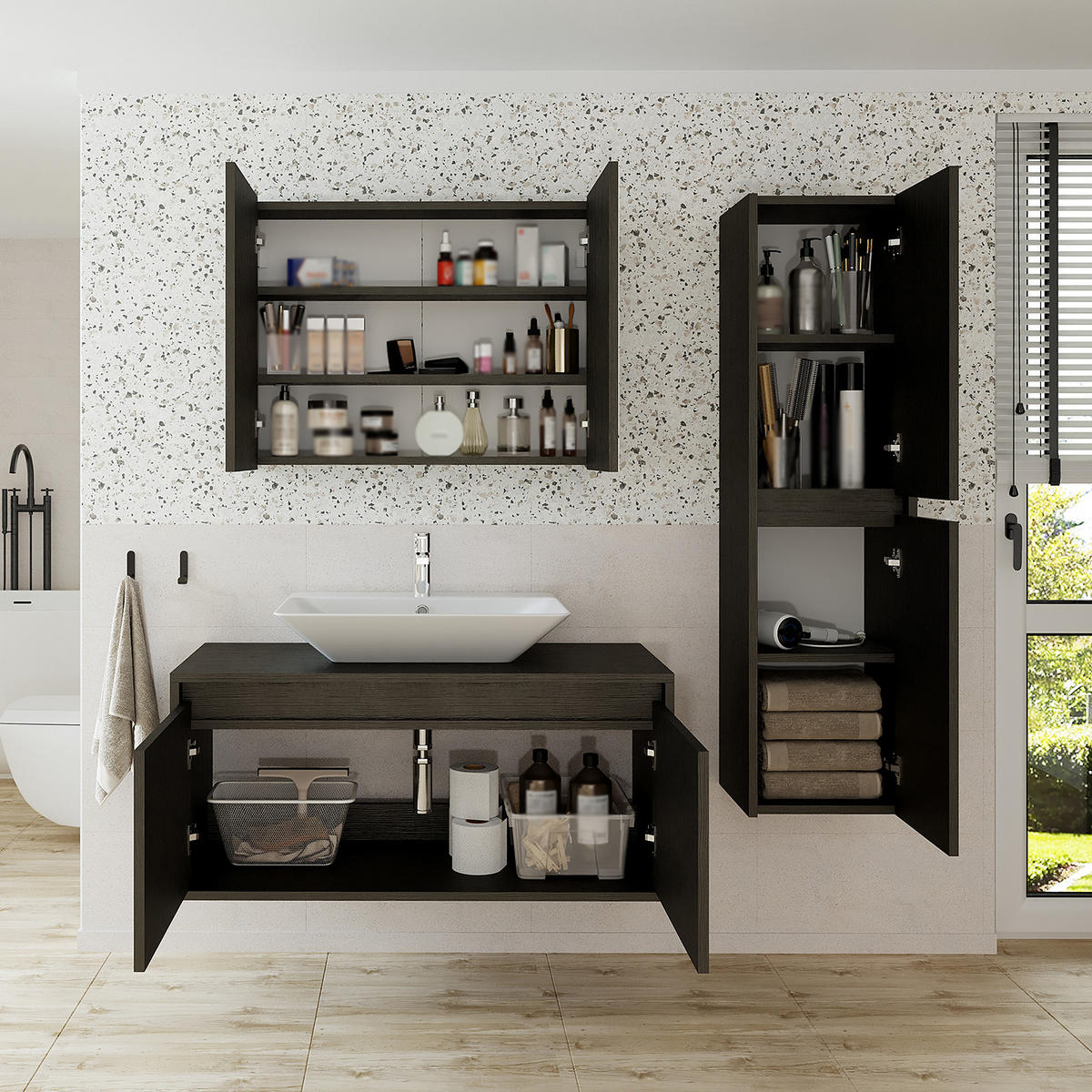 BADMÖBEL Set ATLANTIC-100 4-teilig - Schwarz, Holzwerkstoff (100/150/45cm) - Roomart