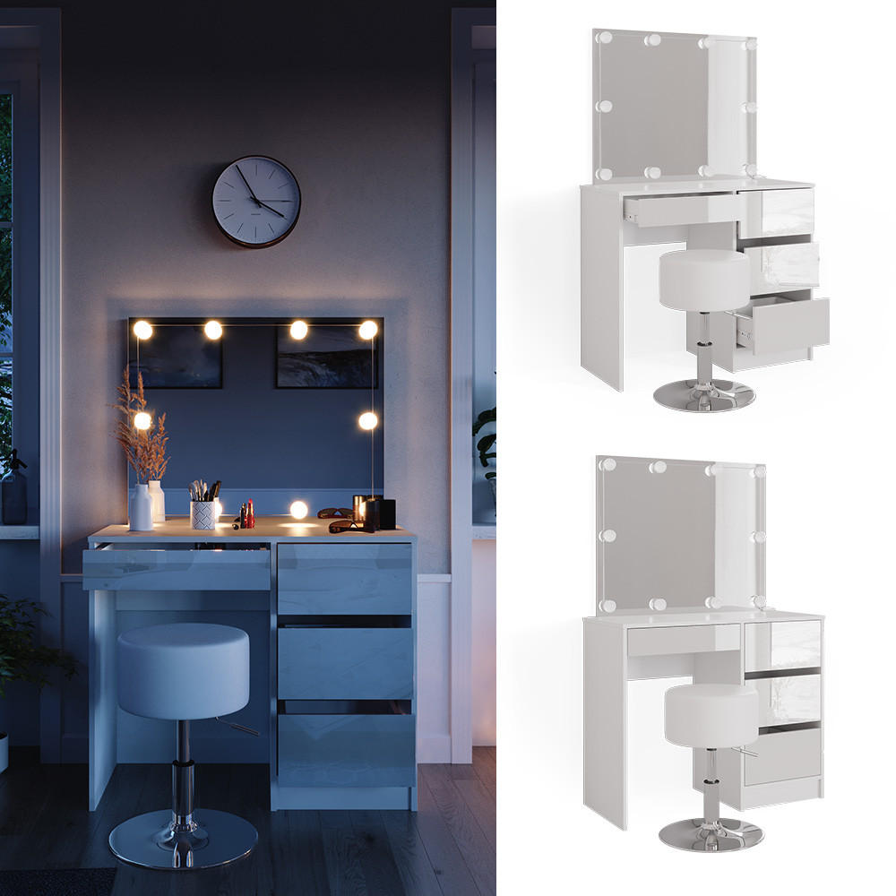 SCHMINKTISCH Sherry Weiß 90 cm mit LED Beleuchtung und Hocker - Weiß, Holzwerkstoff (90/75/40cm) - Vicco
