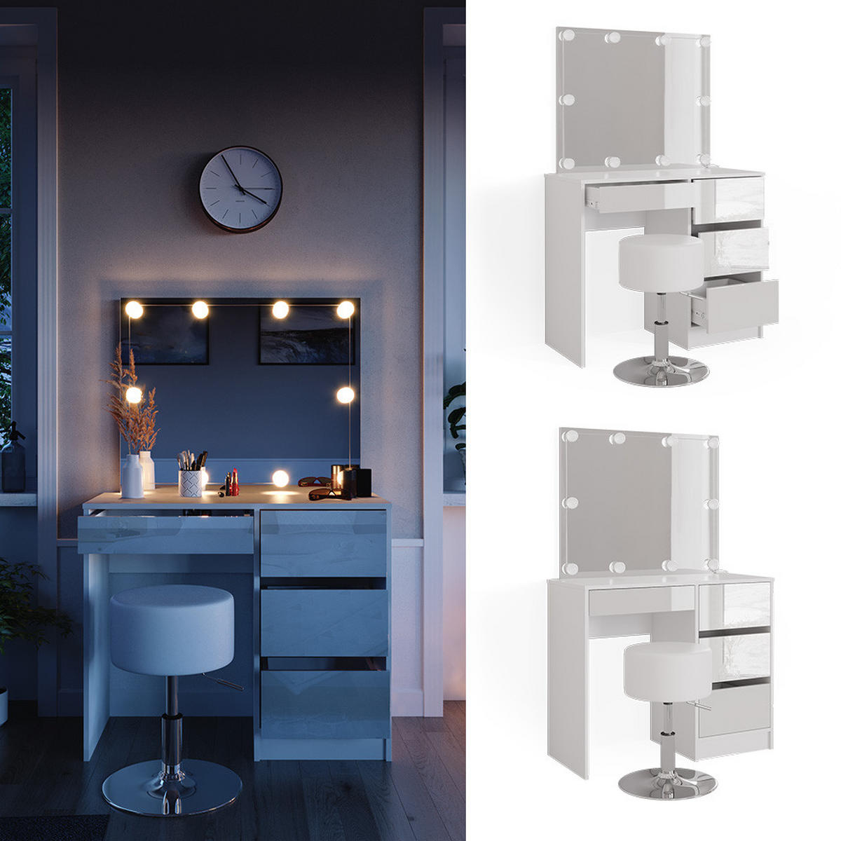SCHMINKTISCH Sherry Weiß 90 cm mit LED Beleuchtung und Hocker - Weiß, Holzwerkstoff (90/75/40cm) - Vicco