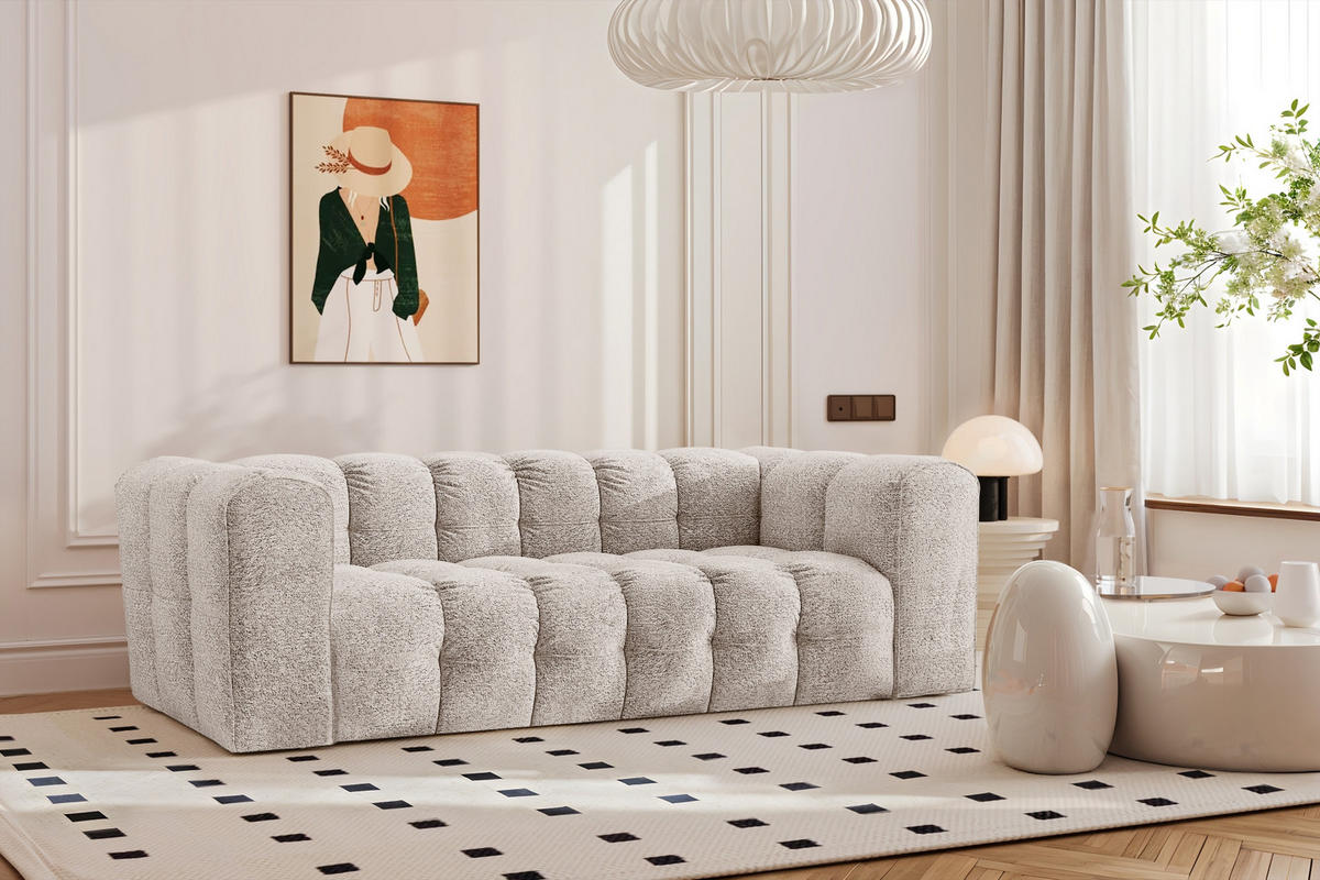 SOFA 3-Sitzer, Komfort, BALOO, Stoff Schenille & Bouclé, Ecru - Ecru, Holz (222/75/106cm) - Kaiser Möbel
