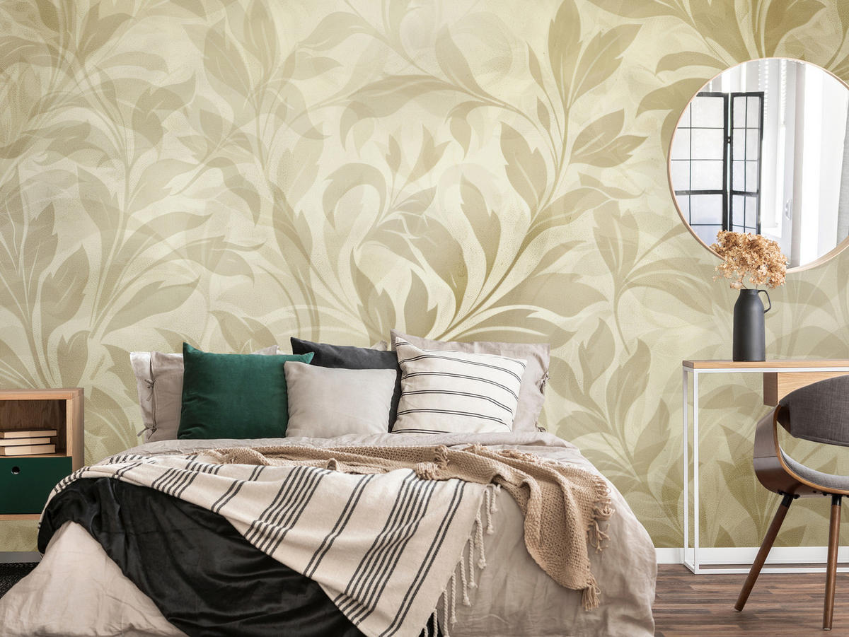 FOTOTAPETE für Schlafzimmer Blätter Pflanzen Natur Beige Vintage 300x210 - Beige/Braun, Papier (300/210cm) - Muralo