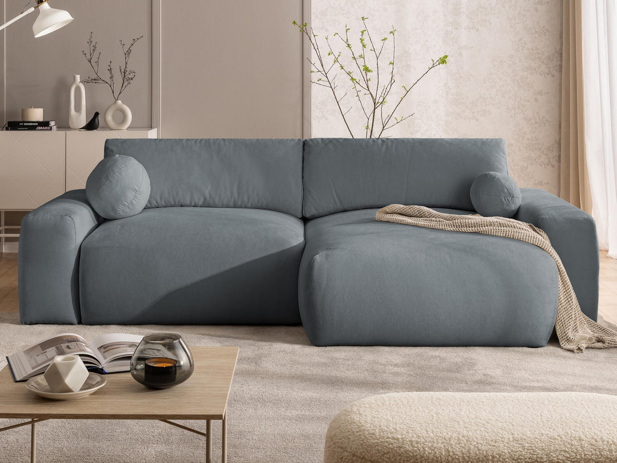 ECKSOFA Puffy mit Schlaffunktion und Bettkasten - besonders weich und puffig aus Dunkelgrau Webstoff - Ottomane rechts - Dunkelgrau/Schwarz, Holz/Kunststoff (266/138cm) - S-Style Möbel