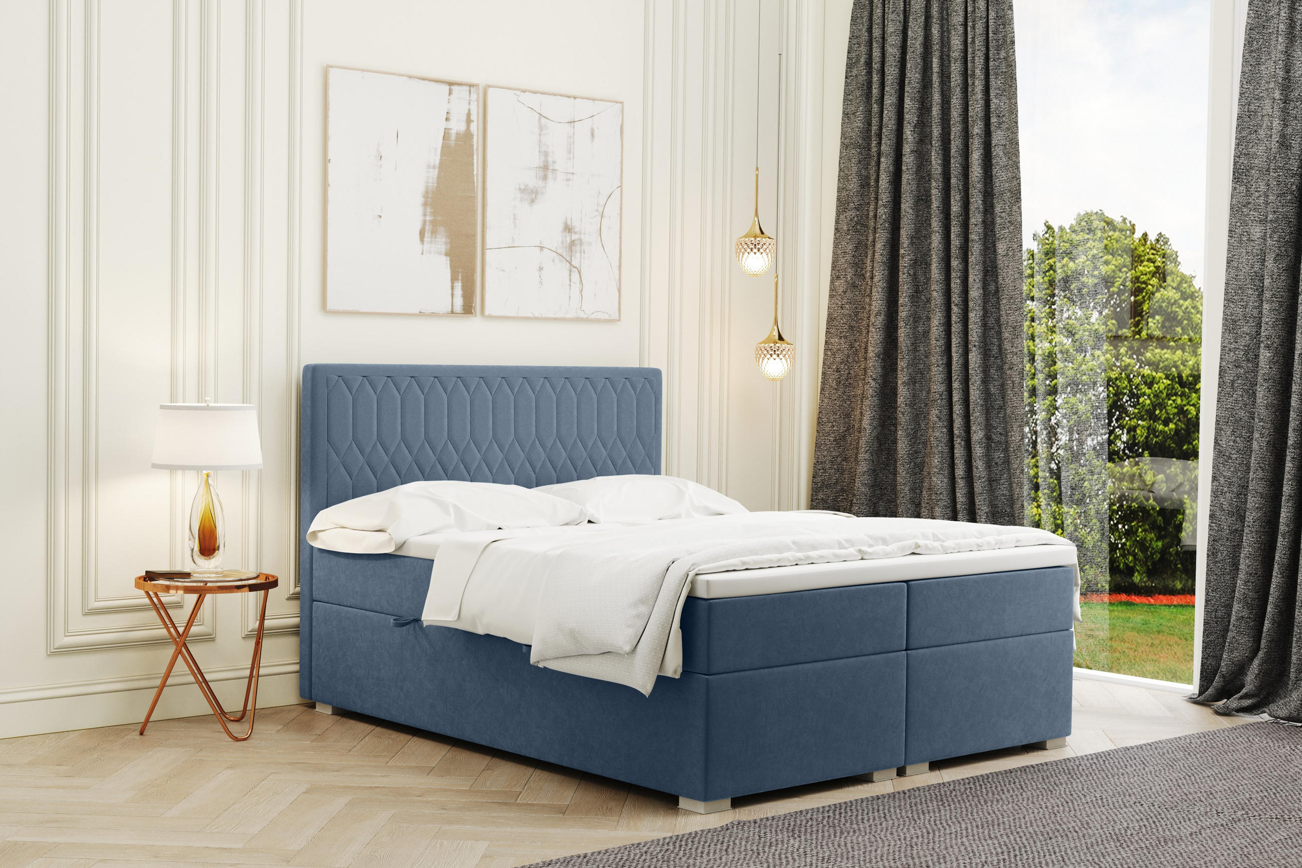 BOXBETT Mit Bettkasten Matratze Topper RIMINI Stoff Riviera Hellblau 160x200 cm H2-Pocket - Hellblau, Holz/Textil (160/200cm) - Kaiser Möbel