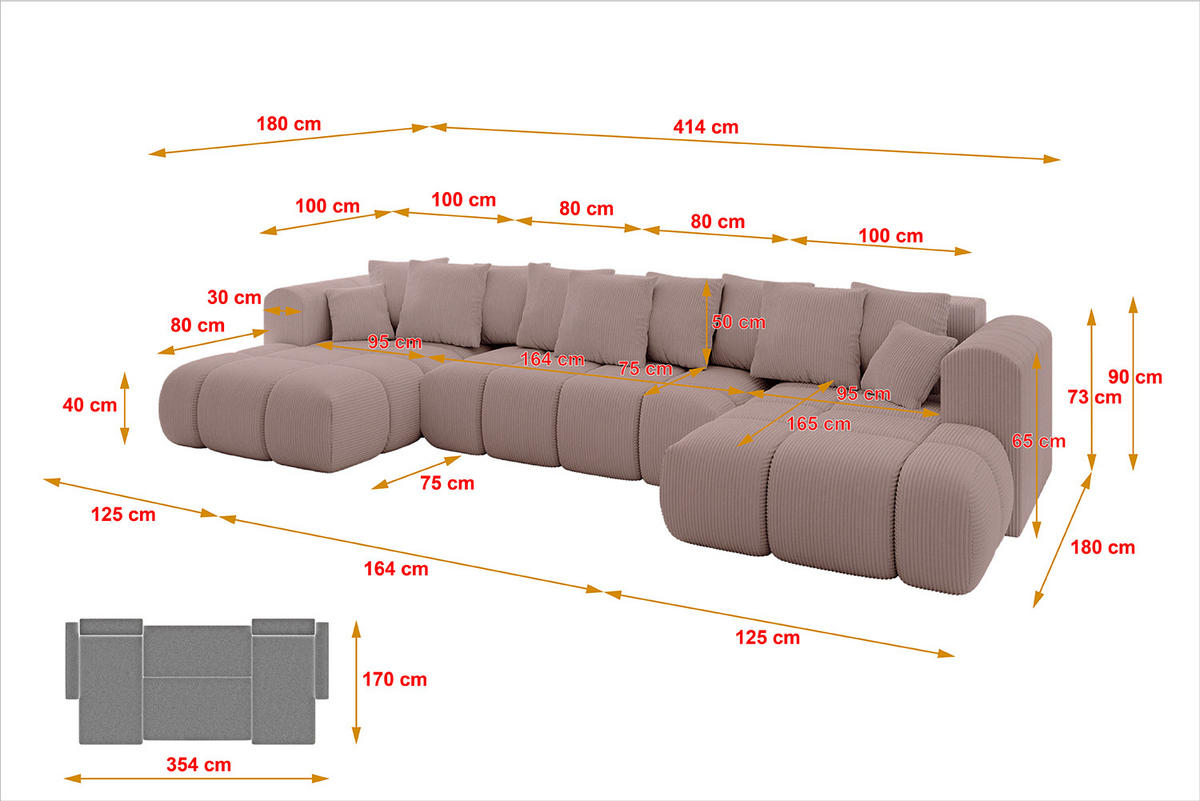 WOHNLANDSCHAFT Ottomane Links CLOUD-U-v1 414x180x40 Rosa Cord - Rosa, Holzwerkstoff/Kunststoff (414/90/180cm) - ALTDECOR