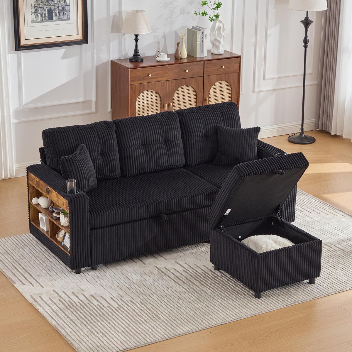 SOFA mit Schlaffunktion und Stauraum mit USB-C & LED-Beleuchtung Schwarz 196/82-144/85 cm - Schwarz, Textil (196/85/82cm) - OKWISH