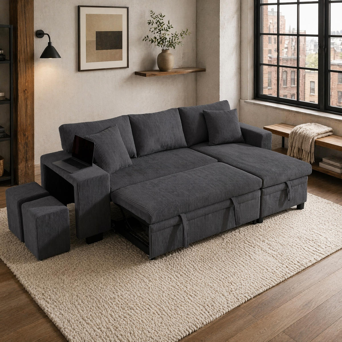SCHLAFSOFA aus Cord Grau 231x131,5x84 cm mit Stauraum, USB- und Typ-C-Anschluss - Grau, Textil (131.5/84/231cm) - IVMEU