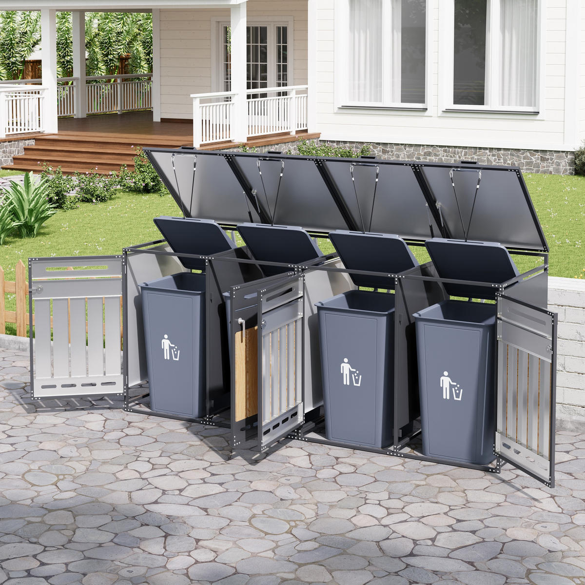 MÜLLTONNENBOX 4er Set Hydraulik Deckel Holzoptik Schloss - Schwarz, Metall (262/116/79cm) - LEBENLANG