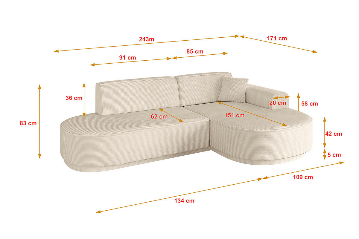 ECKSOFA Ottomane Rechts MARI-L1-v3 - 243x171x83 cm Beige Cord - Beige/Schwarz, Holzwerkstoff/Kunststoff (171/243cm) - ALTDECOR