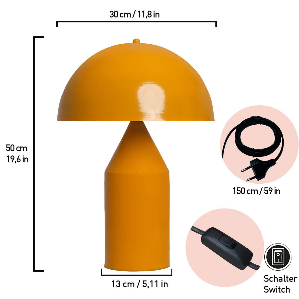 TISCHLEUCHTE Pilzlampen 50/30 - Gelb, Metall (30/50cm) - Bamyum