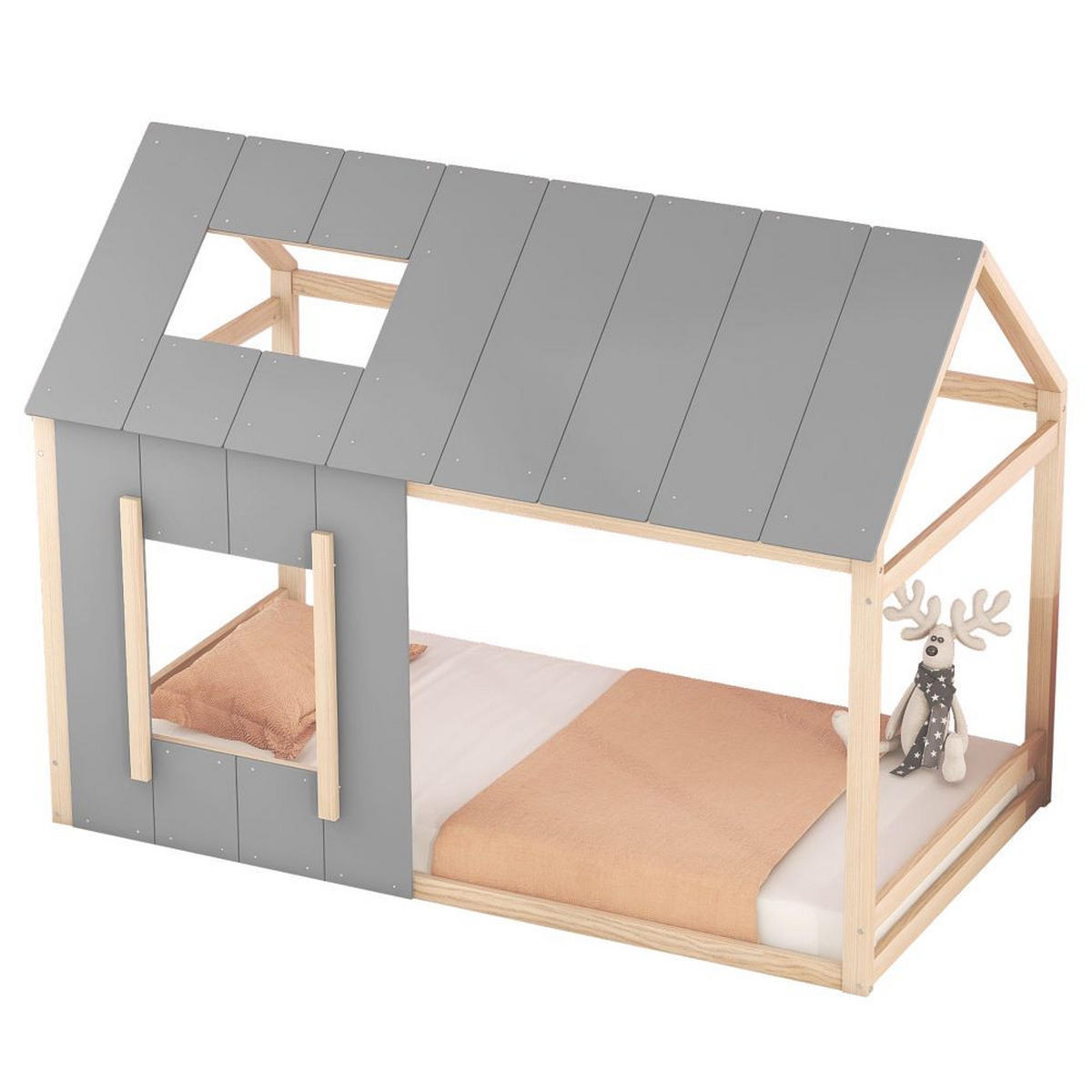 HAUSBETT 90/200 cm in Natur und Grau mit Fenster - Kieferfarben, Holz (90/200cm) - KOMHTOM