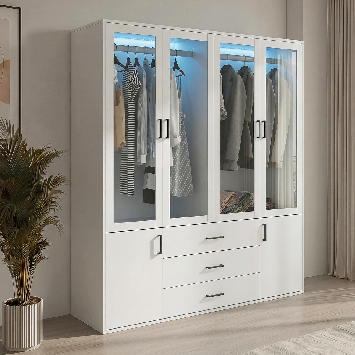 KLEIDERSCHRANK 4-türig Weiß mit Glastüren & LED-Licht - Weiß, Holzwerkstoff (51.8/182/160cm) - SHOPENTRA