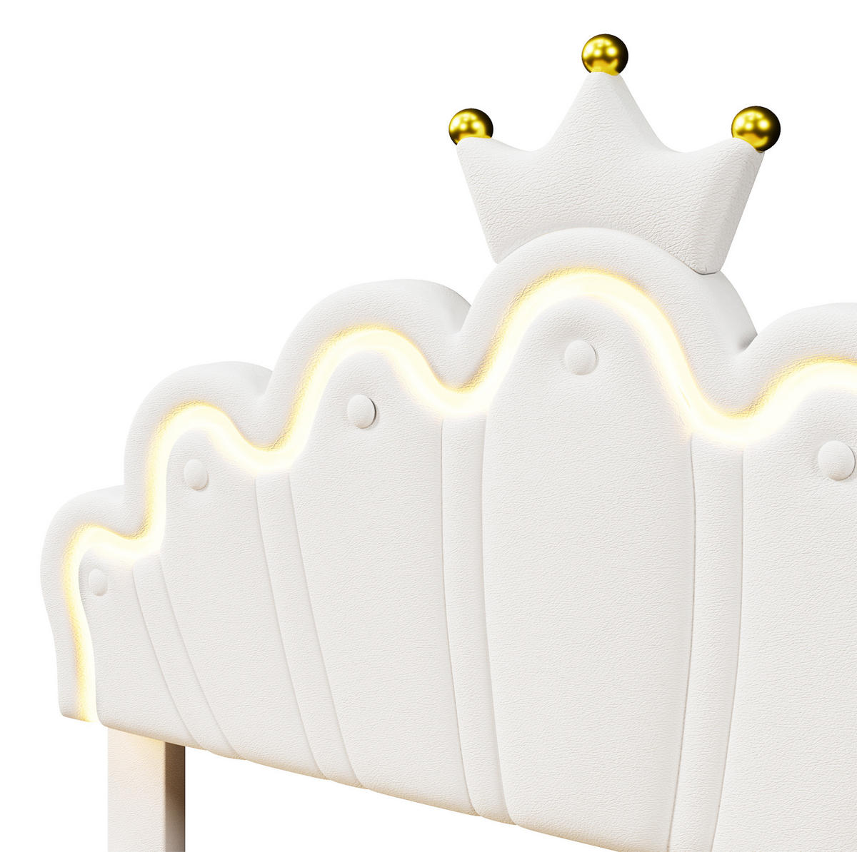 DĚTSKÁ postel 140/200 cm bílá z PU a MDF s nastavitelným čelem, LED osvětlením a 2 zásuvkami - bílá, kůže (140/200cm) - OKWISH