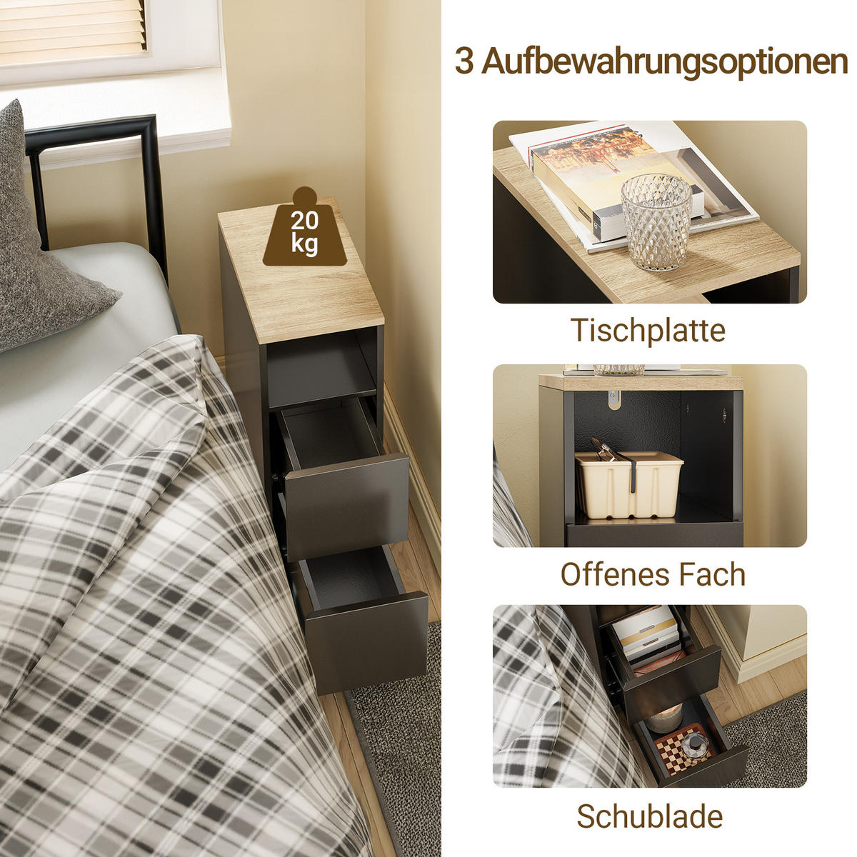 NACHTTISCH schmal mit 2 Schubladen, 20x35x60cm Schwarz - Schwarz, Holzwerkstoff (20/60/35cm) - SoBuy