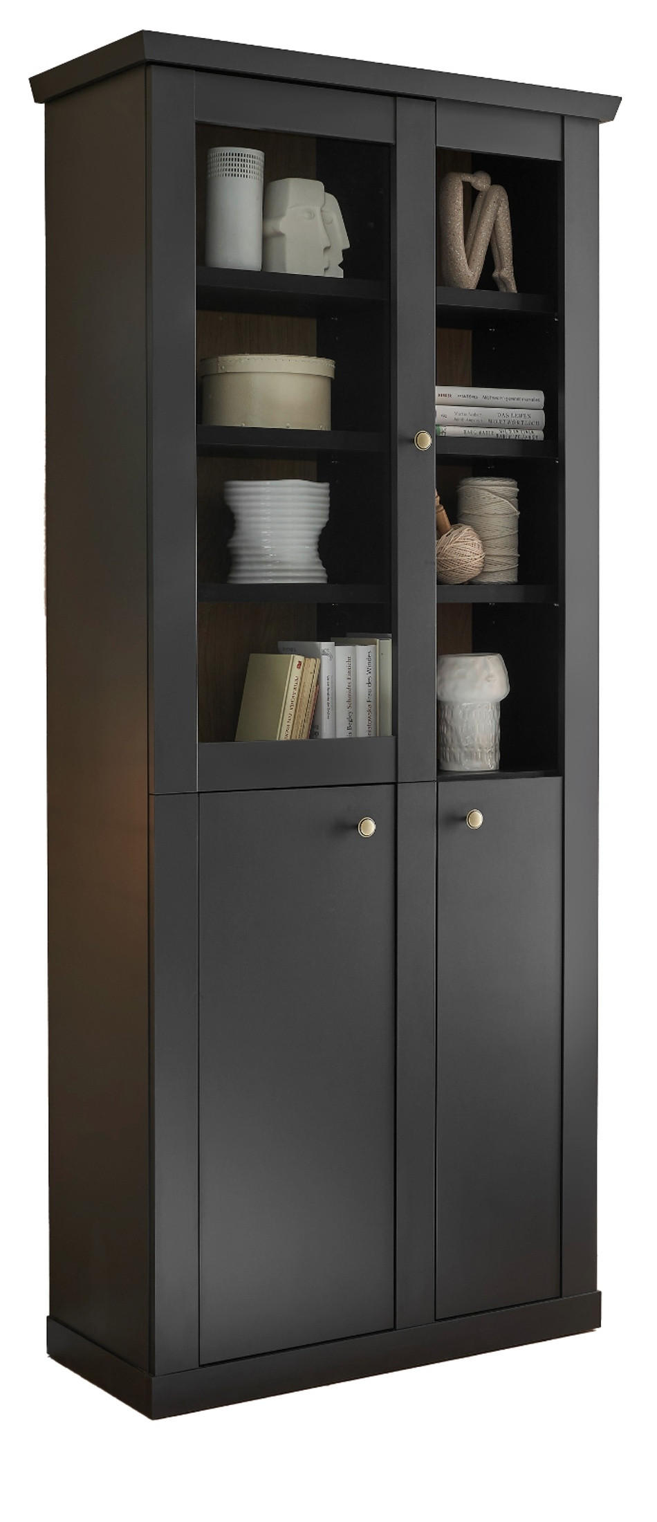 VITRINE schwarz matt, Eiche 86 cm, Vitrinenschrak Landhaus mit Soft-Close - Eichefarben/Messingfarben, Glas/Holzwerkstoff (86/200/39cm) - Furn.Design