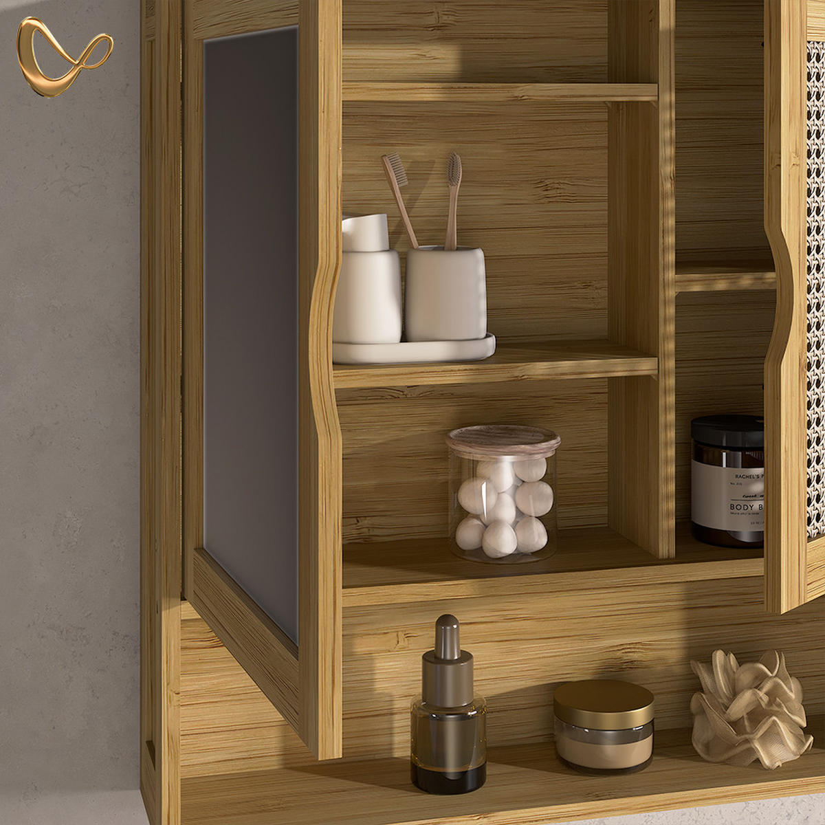 KOPALNIŠKA OMARICA Z OGLEDALOM Mincio, Bambus, 56 x 58 cm z 2 vrati - naravne barve, leseni material (56/58/13cm) - Livinity®