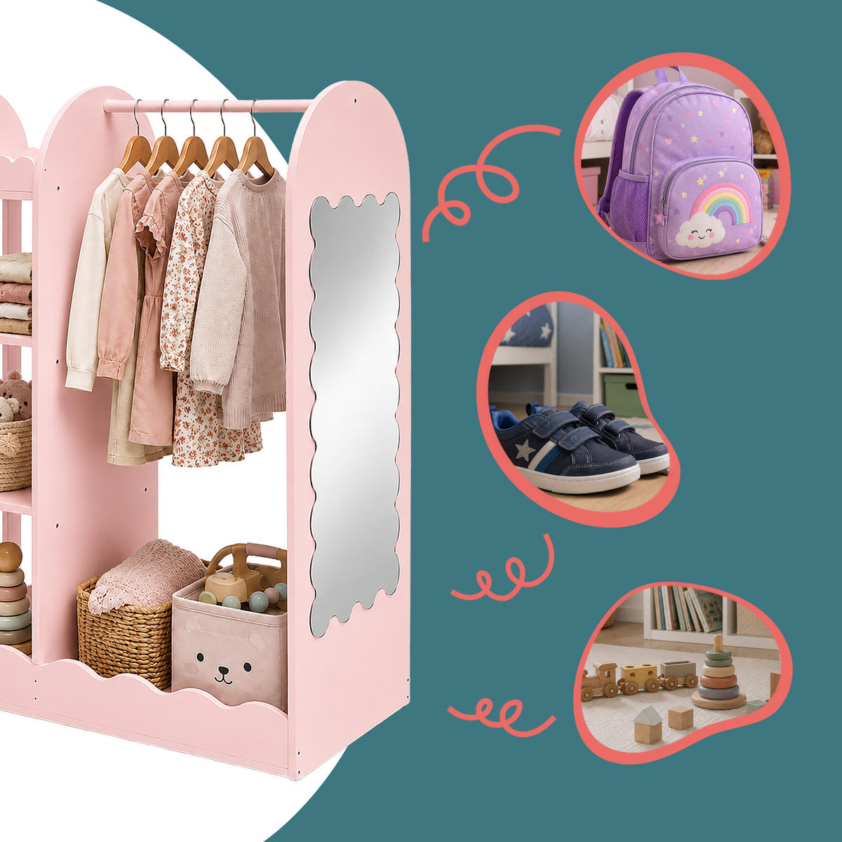 KLEIDERSTÄNDER Rosa Kinder mit Spiegel - Pink, Holzwerkstoff/Kunststoff (94/100/38cm) - Relaxdays