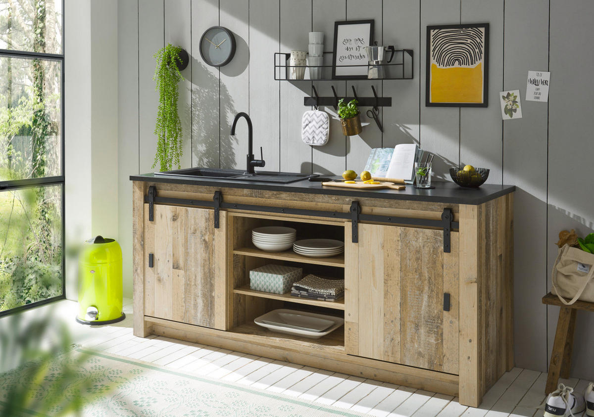 KÜCHEN-SET Used Wood hell, anthrazit, Küchenschrank Set 7-teilig mit Kochinsel - Anthrazit/Schwarz, Glas/Holzwerkstoff (201/201/64cm) - Furn.Design