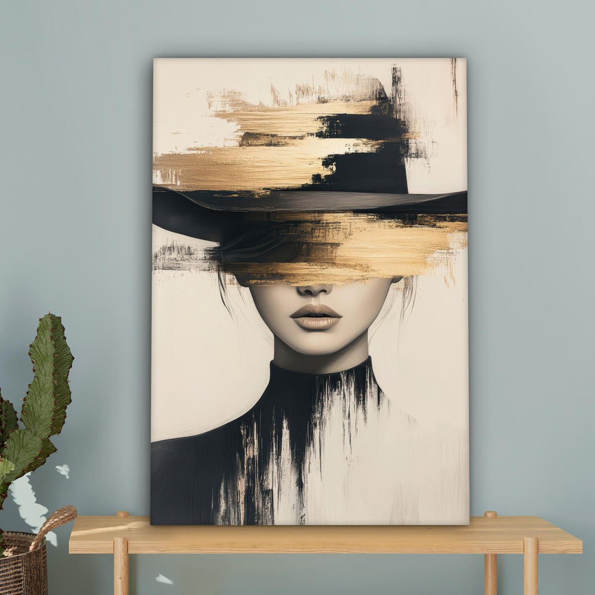 LEINWANDBILD Frau - Hut - Farbe Wanddeko 40x60 cm - Goldfarben, Textil (40/60cm) - MuchoWow