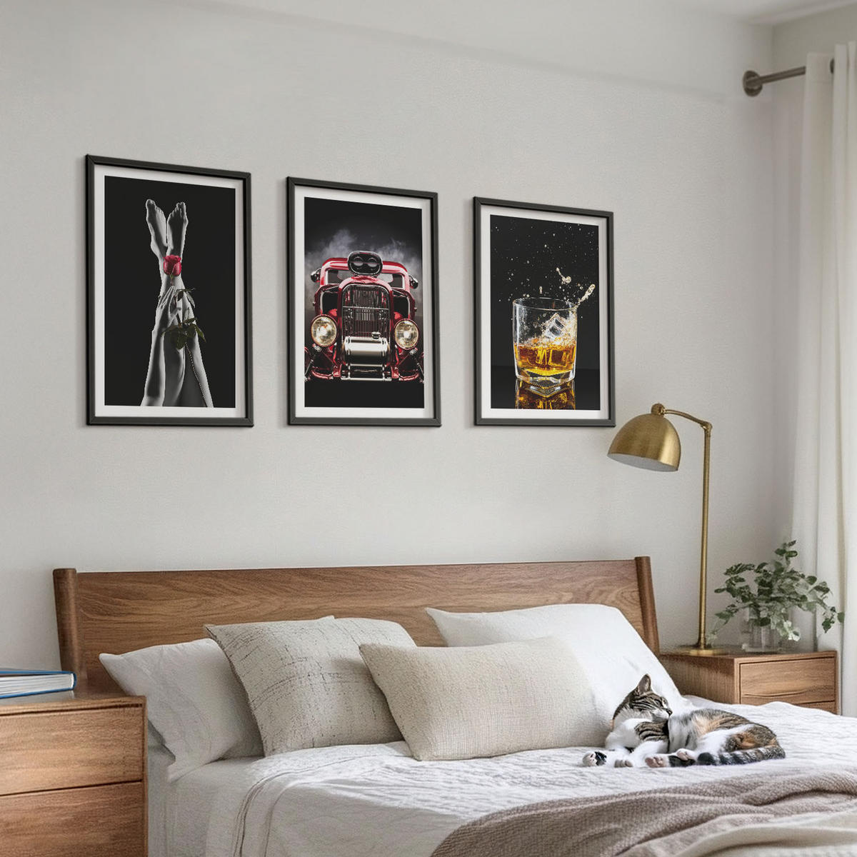 BILDER SET 3er Set - 40x60 cm Schwarzer Rahmen - Frauenbeine Rosenauto Whisky - Schwarz, Kunststoff (40/60cm) - TULUP