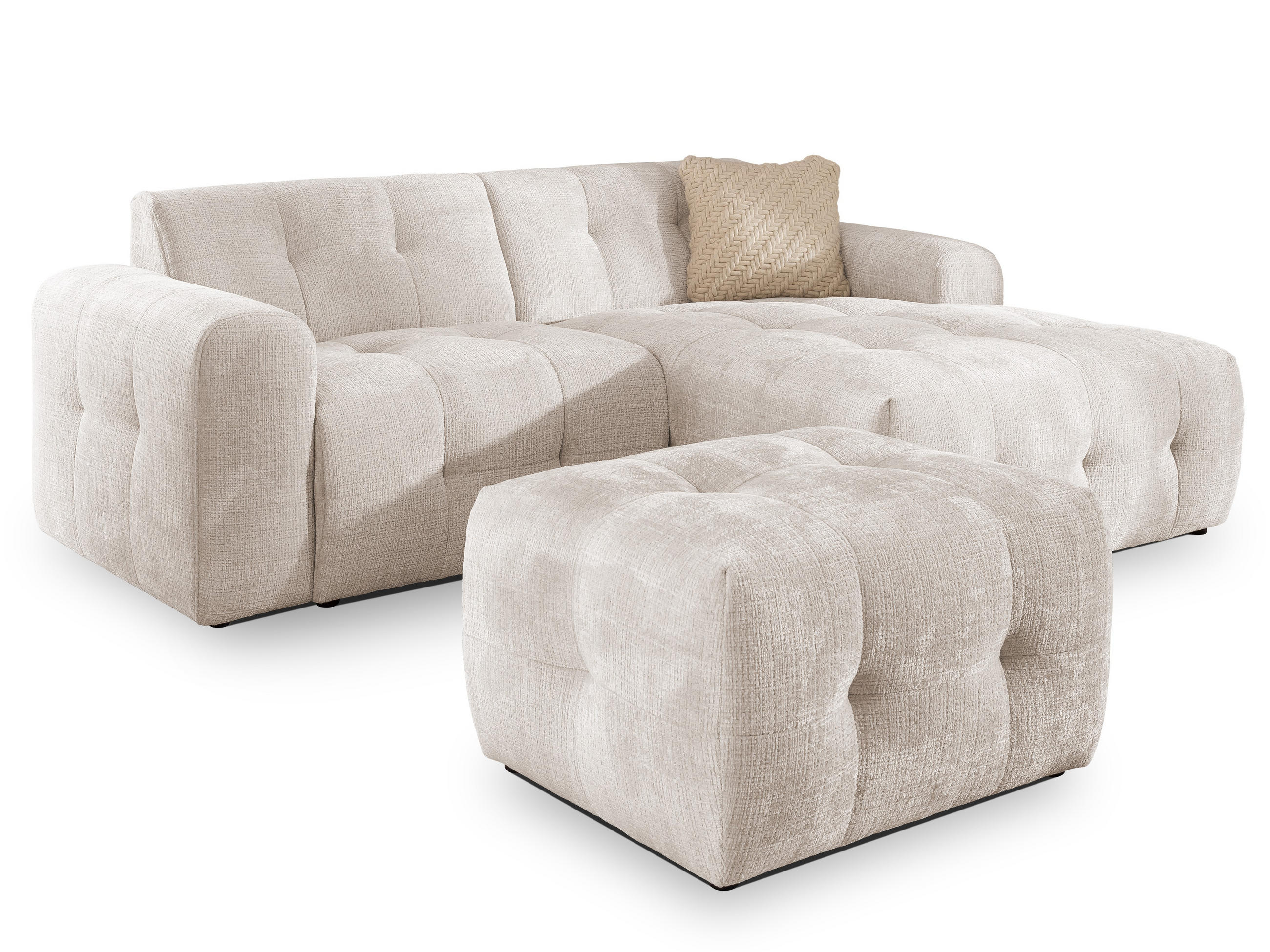 ECKSOFA inkl. Hocker Kozy im Bumpy-Design mit Schlaffunktion und fester Rückenlehne aus weichem Beige Chenille-Stoff - Ottomane rechts - Beige/Creme, Holz/Kunststoff (234/161cm) - S-Style Möbel