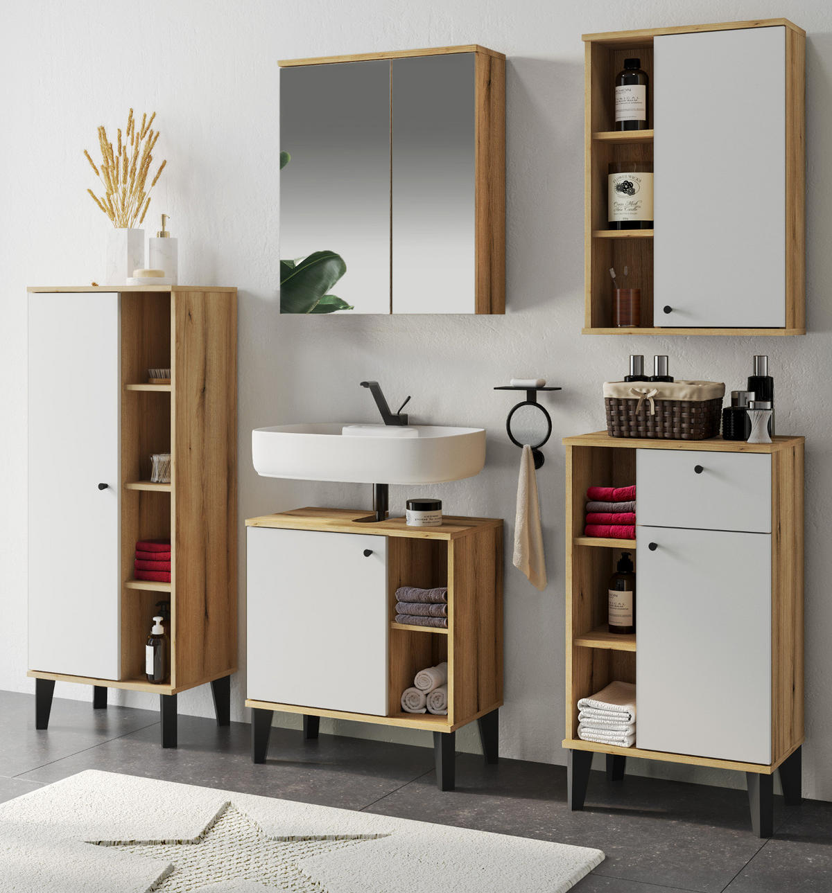 BADMÖBEL-SET 5-teilig weiß, Evoke Eiche, Badkombination, 182 x 190 cm - Eichefarben/Schwarz, Glas/Holzwerkstoff (182/190/33cm) - Furn.Design