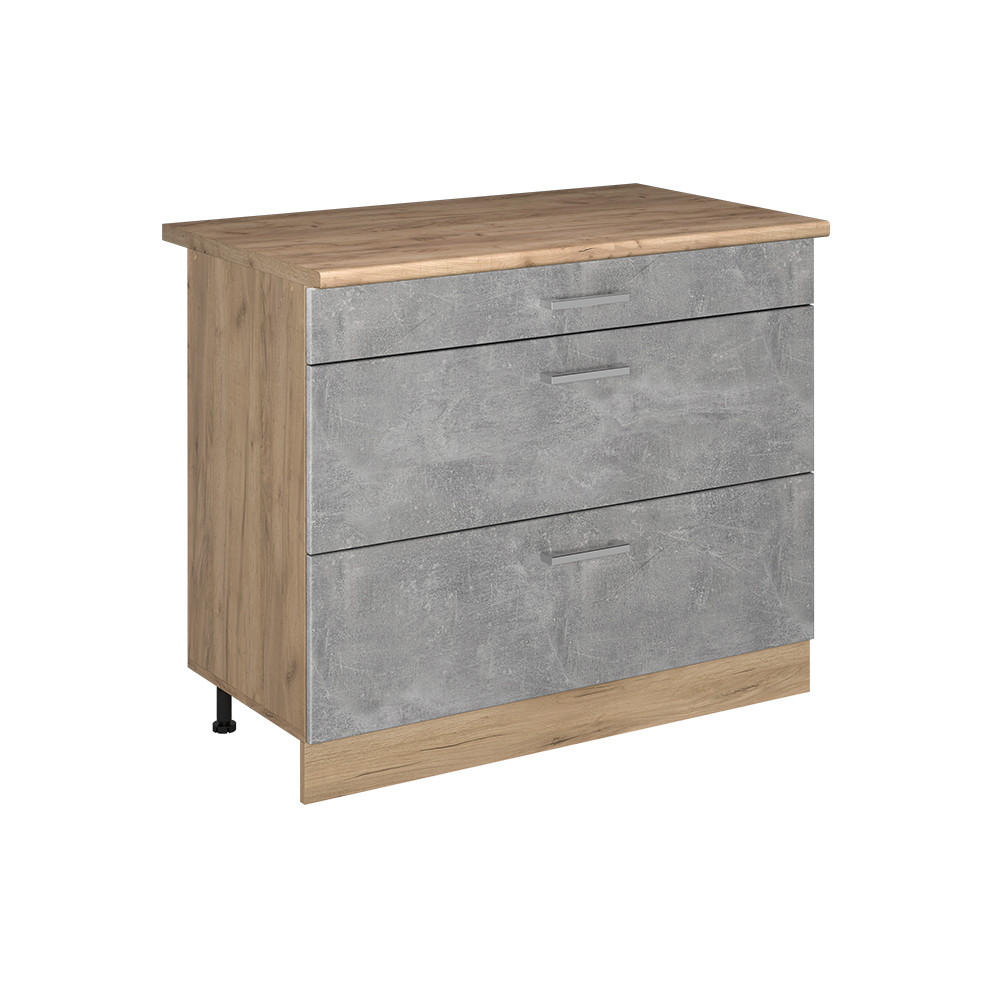 KÜCHENUNTERSCHRANK R-Line, Beton/Goldkraft Eiche, 100 cm Arbeitsplatte Goldkraft Eiche - Eichefarben/Grau, Holzwerkstoff (100/81.6/60cm) - Vicco