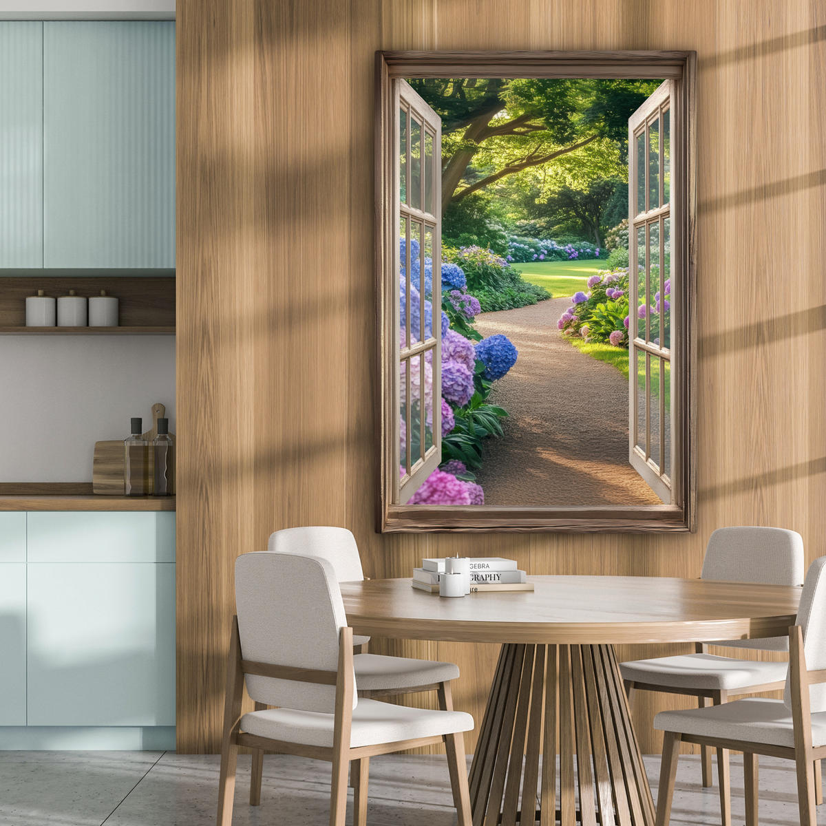 LEINWANDBILD Aussicht - Garten - Fenster - Hortensie - Blumen 80x120 cm - Pastellblau, Textil (80/120cm) - MuchoWow