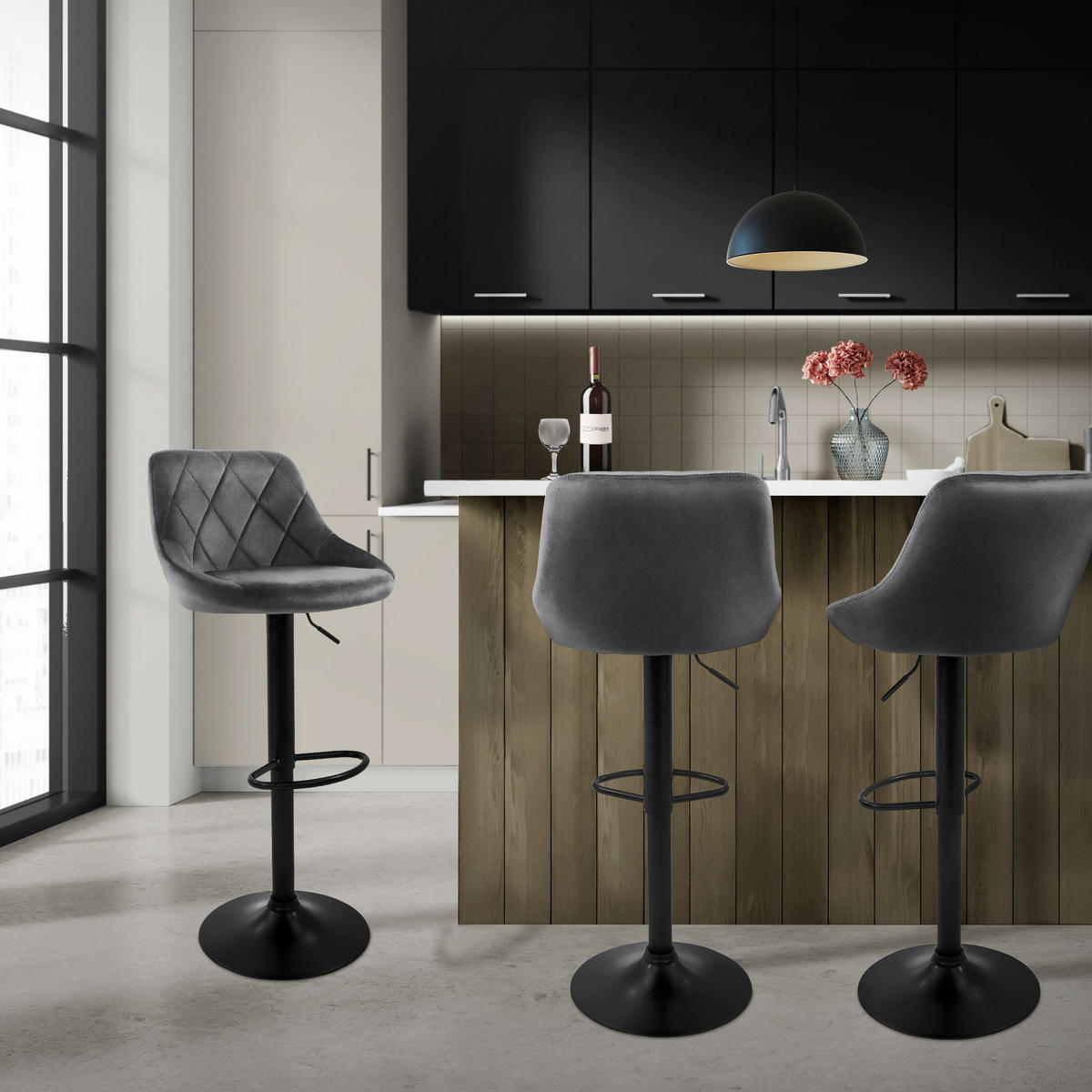 BARHOCKER 2er Set aus Samt Grau höhenverstellbar/drehbar - Schwarz/Grau, Metall (37/106/47cm) - ML-DESIGN