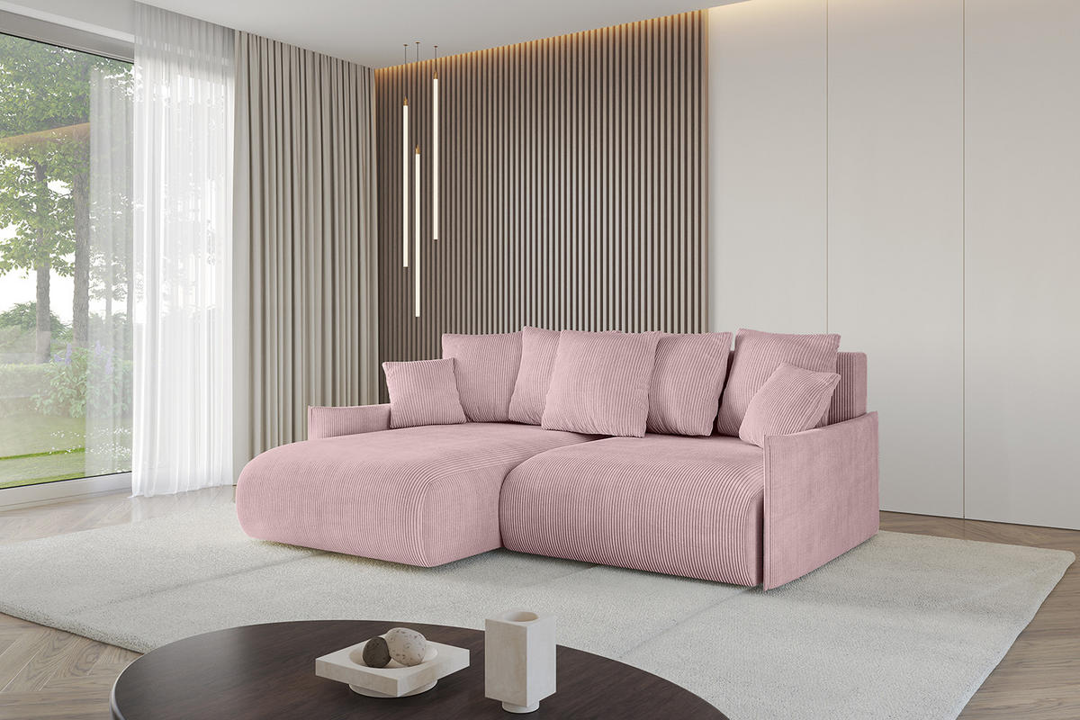 ECKSOFA mit Schlaffunktion und Bettkasten ONESK-L -v1 208x165x40 Rosa Cord - Rosa, Holzwerkstoff/Kunststoff (208/165cm) - ALTDECOR