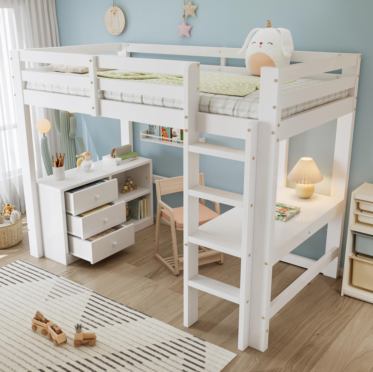 HOCHBETT 90/200 cm Weiß mit Schreibtisch und Stauraum ohne Matratze - Weiß, Holz (90/200cm) - MIVRAY
