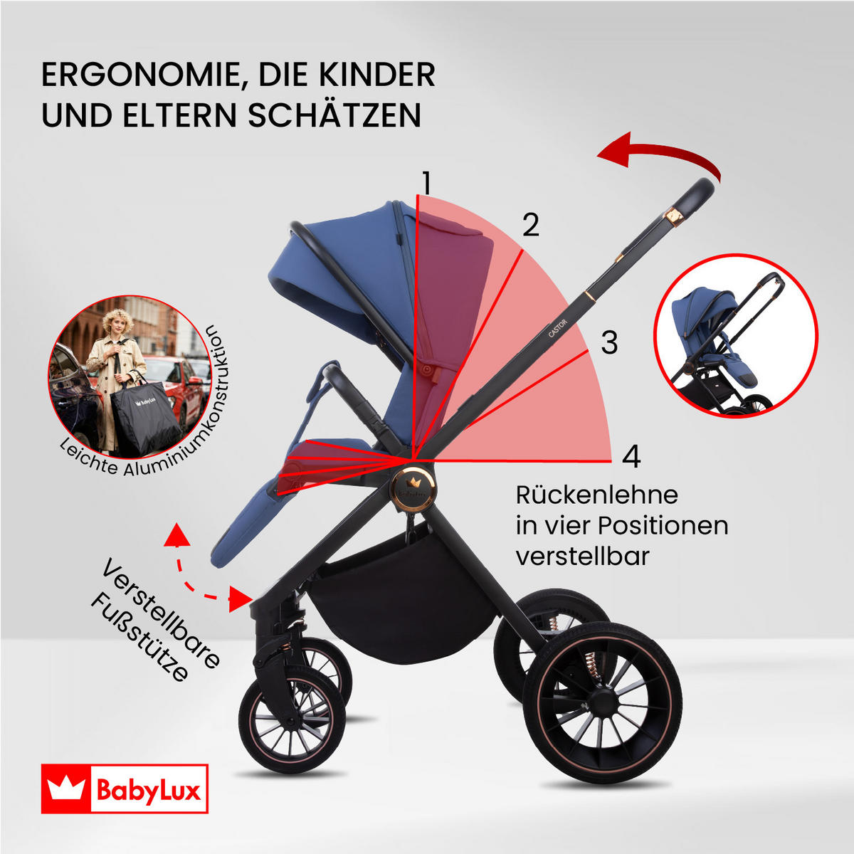 KINDERWAGEN Castor 4in1 Sapphire Babywanne, Reisebuggy, Autositz, Isofix Basis - Blau/Schwarz, Textil/Metall (58/98cm) - BabyLux