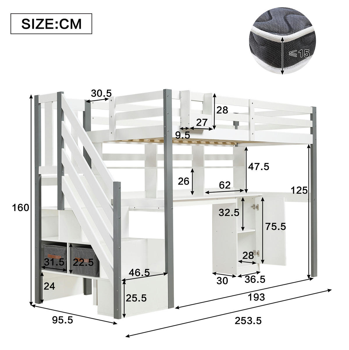 HOCHBETT 90/200 cm mit Schreibtisch und Stauraumtreppe in Weiß/Grau - Weiß, Holz (90/200cm) - BEAOK