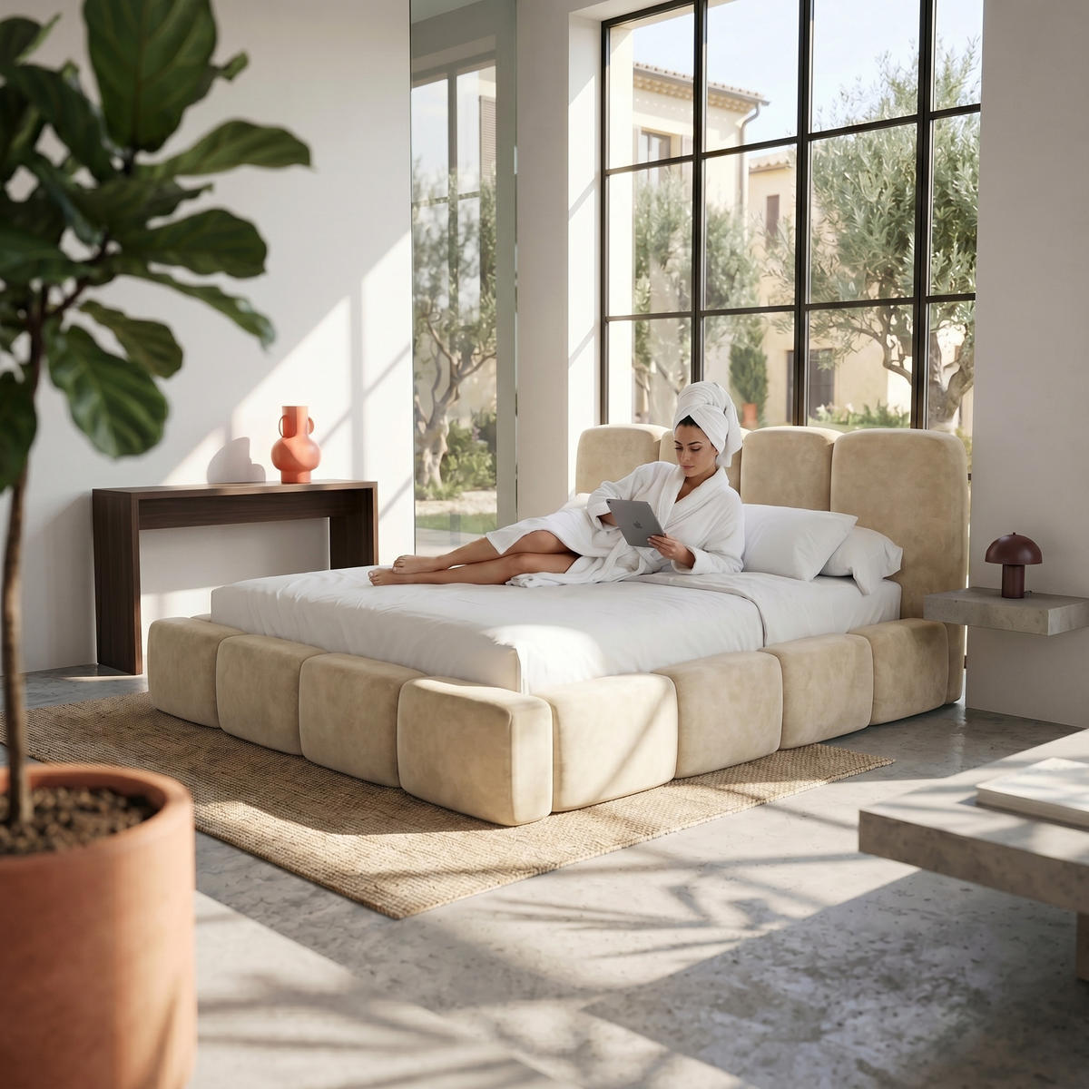 POLSTERBETT SUENO MAXI 160x200 cm in Creme, gepolstertes Kopfteil, Metalllattenrost, Bettkasten, Velour-Stoff - Creme/Naturfarben, Holz/Textil (160/200cm) - Muffo