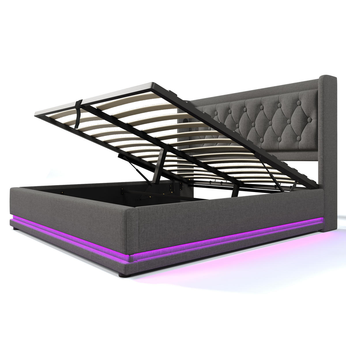 POLSTERBETT 160/200 cm Grau Baumwolle mit hydraulischem Stauraum und LED-Beleuchtung - Grau, Textil (160/200cm) - OKWISH