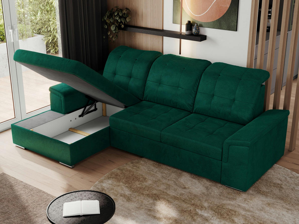 ECKSOFA MADRITO L - DunkelGrün Velorus - Links - Dunkelgrün/Silberfarben, Textil/Metall (160/256cm)