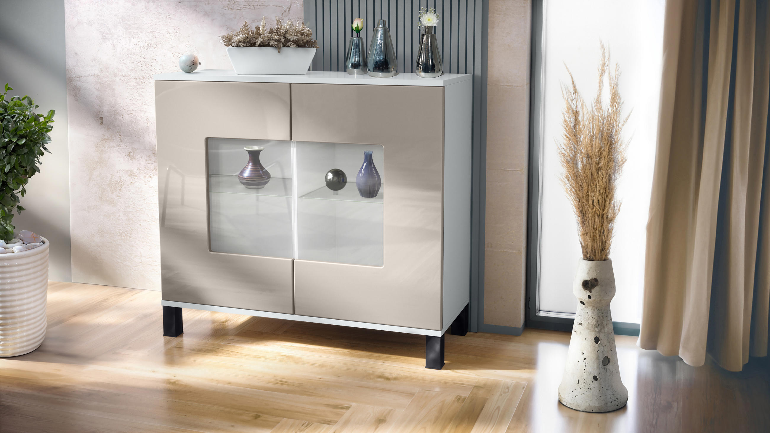 KOMMODE Grömitz Sandgrau Hochglanz - Sandfarben, Holzwerkstoff (92.5/84.5/35cm) - Vladon