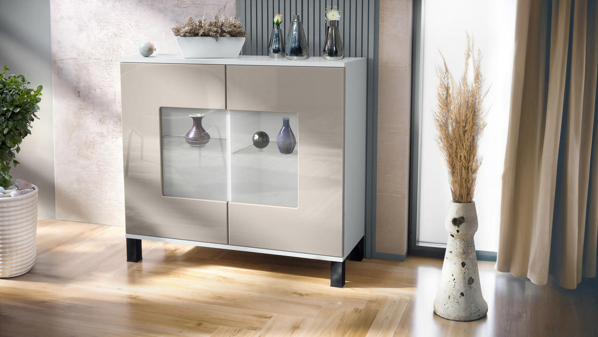 KOMMODE Grömitz Sandgrau Hochglanz - Sandfarben, Holzwerkstoff (92.5/84.5/35cm) - Vladon