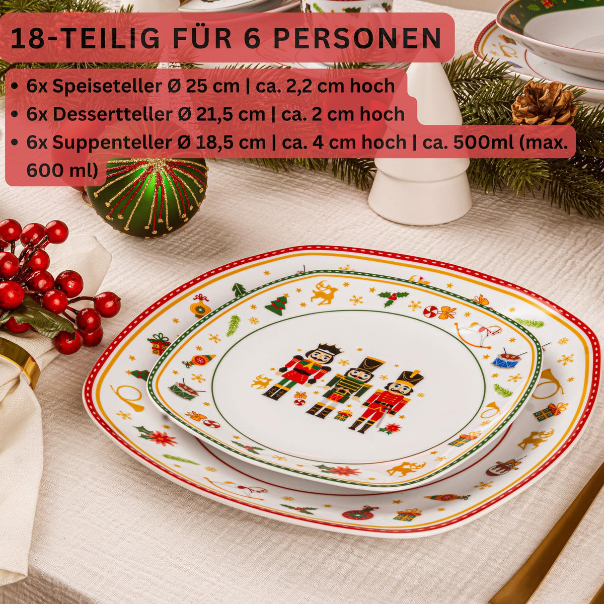 TAFELSERVICE BILGOLA NUSSKNACKER DESIGN - 18 teilig aus Porzellan - Weiß, Keramik (29/29/30cm) - Sänger