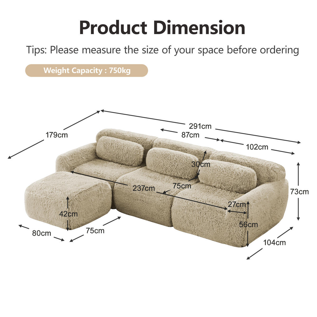 ECKSOFA Plüsch Hellkhaki mit Kissen - Beige, Textil (291/179cm) - WISHDOR