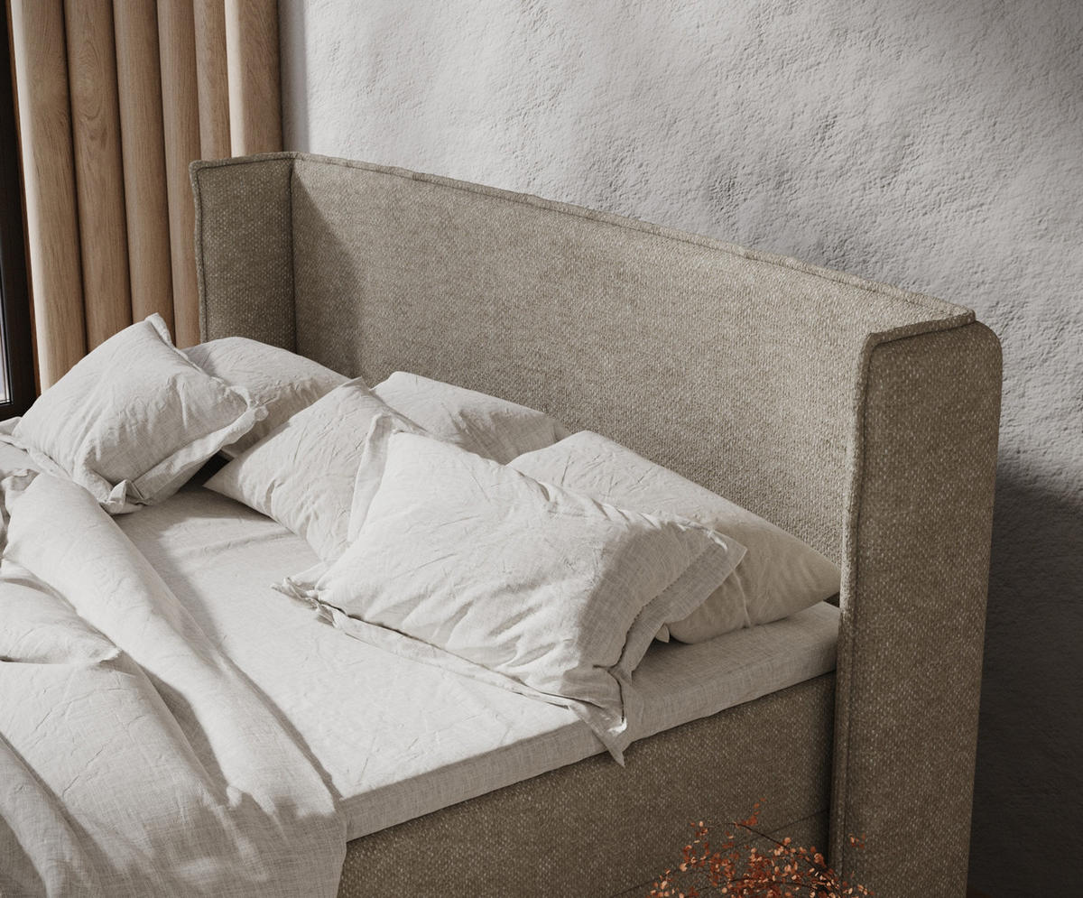 BOXBETT Monpelli Beige Grau 180/200 cm mit Matratze und Topper - Beige/Schwarz, Holz/Holzwerkstoff (180/200cm) - Maison de Reve