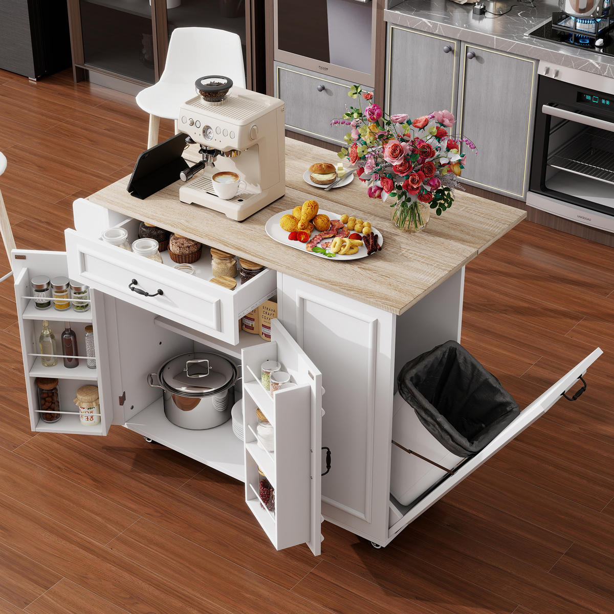 KÜCHENWAGEN 110x70x90cm Weiß mit Klappseiten, Steckdose, Schublade & Rollen - Weiß, Holzwerkstoff (110/90/70cm) - Modfu